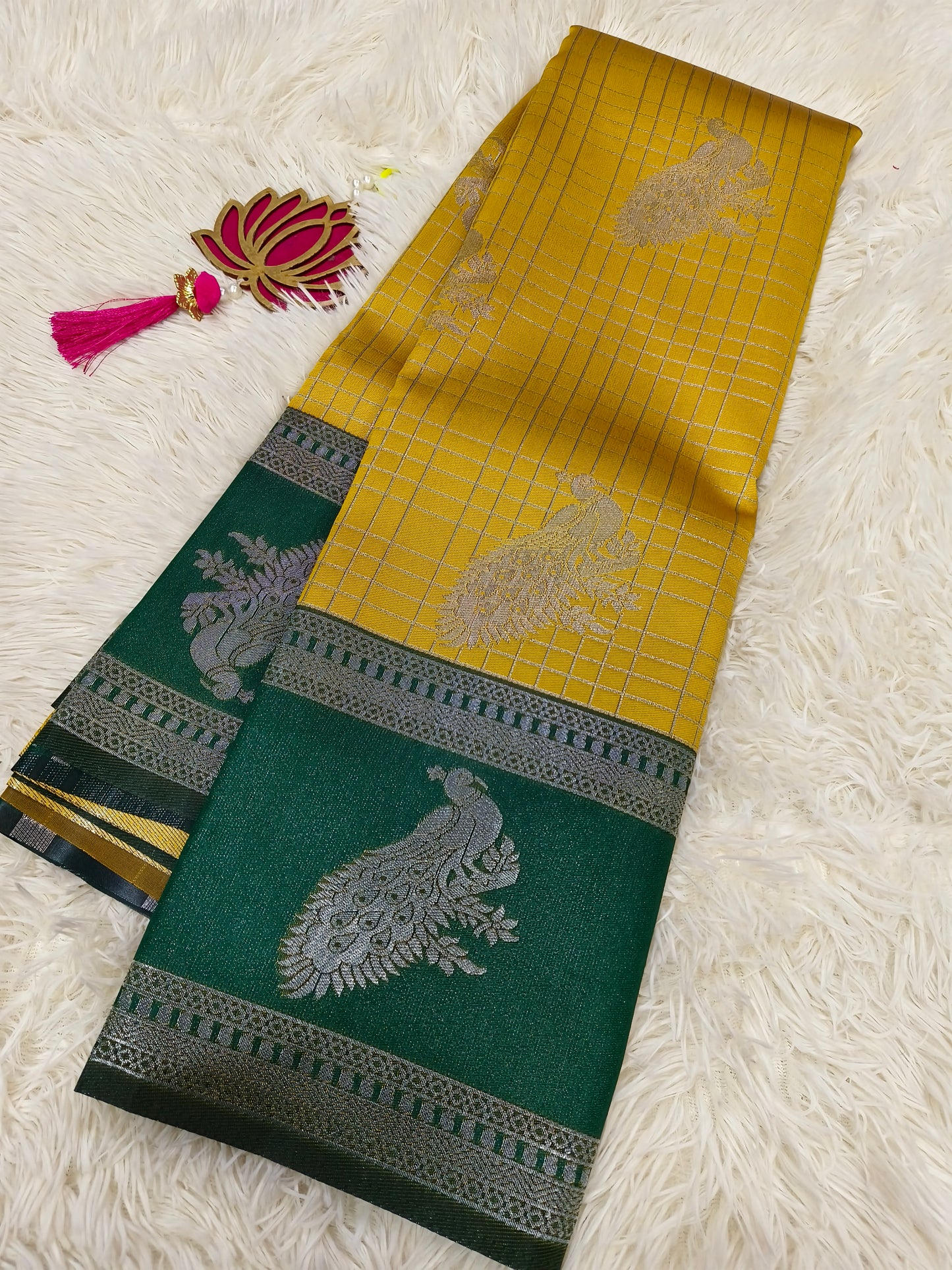 Yellow with green Mercidised silk saree