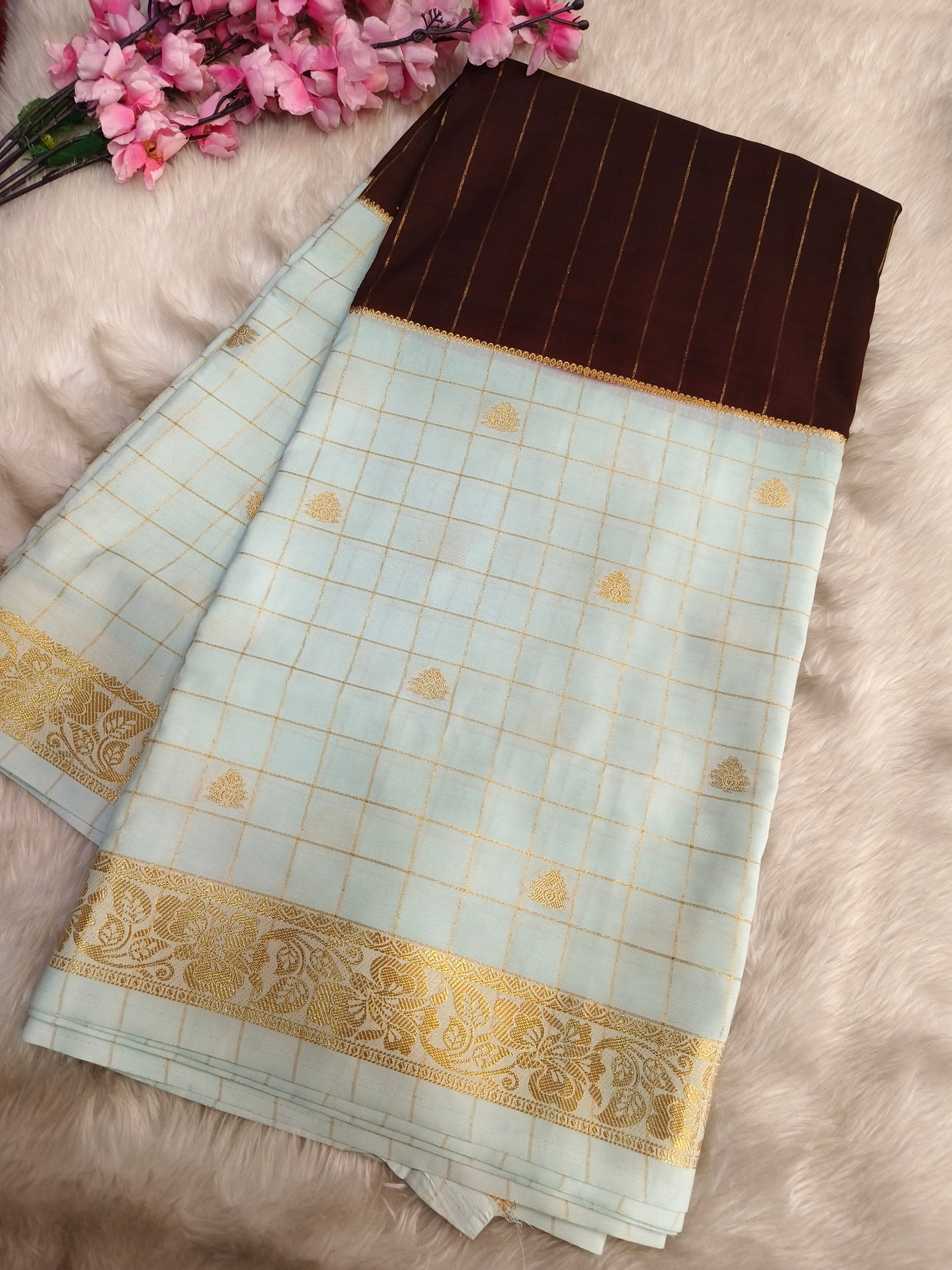 Brown With Light Blue Semi Mysore crepe silk saree