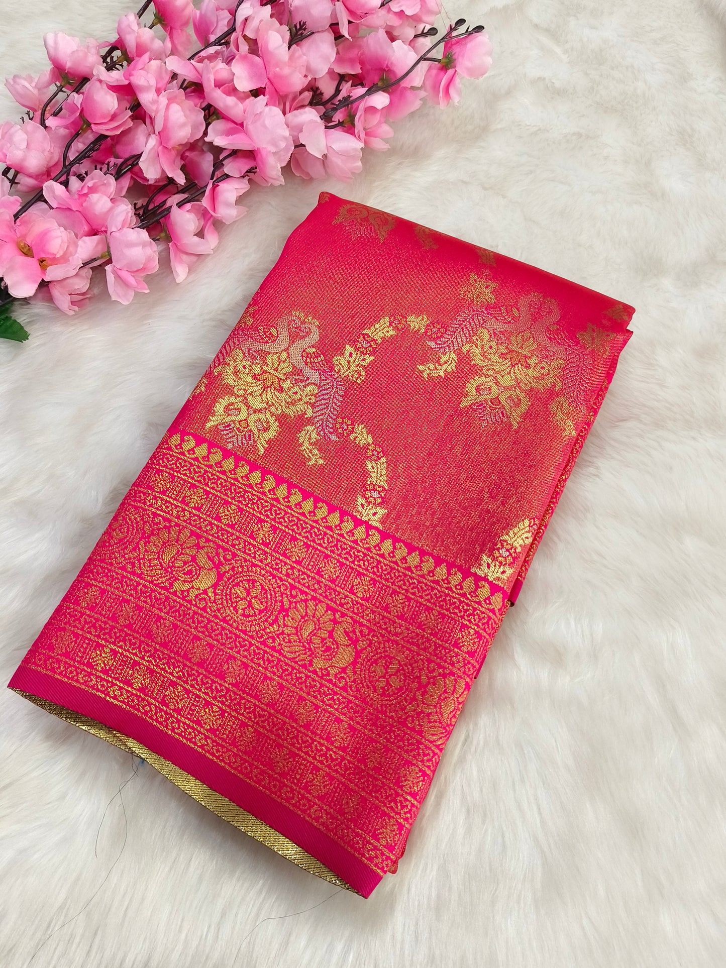 Pink semi bridal tissues silk saree