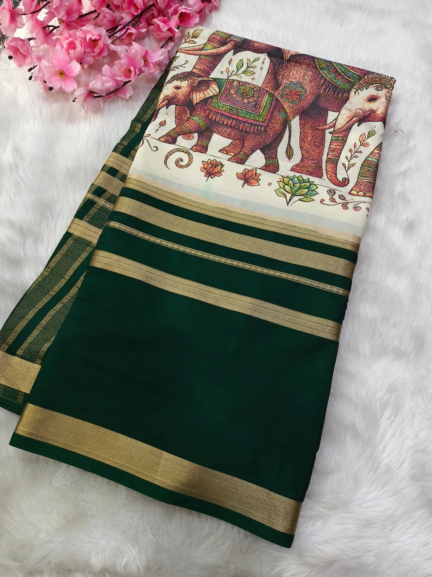 Bottle Green elephant Digital printed semi Mysore crepe silk saree