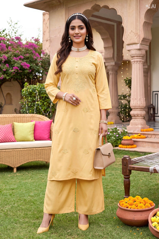 Yellow chikan work dress