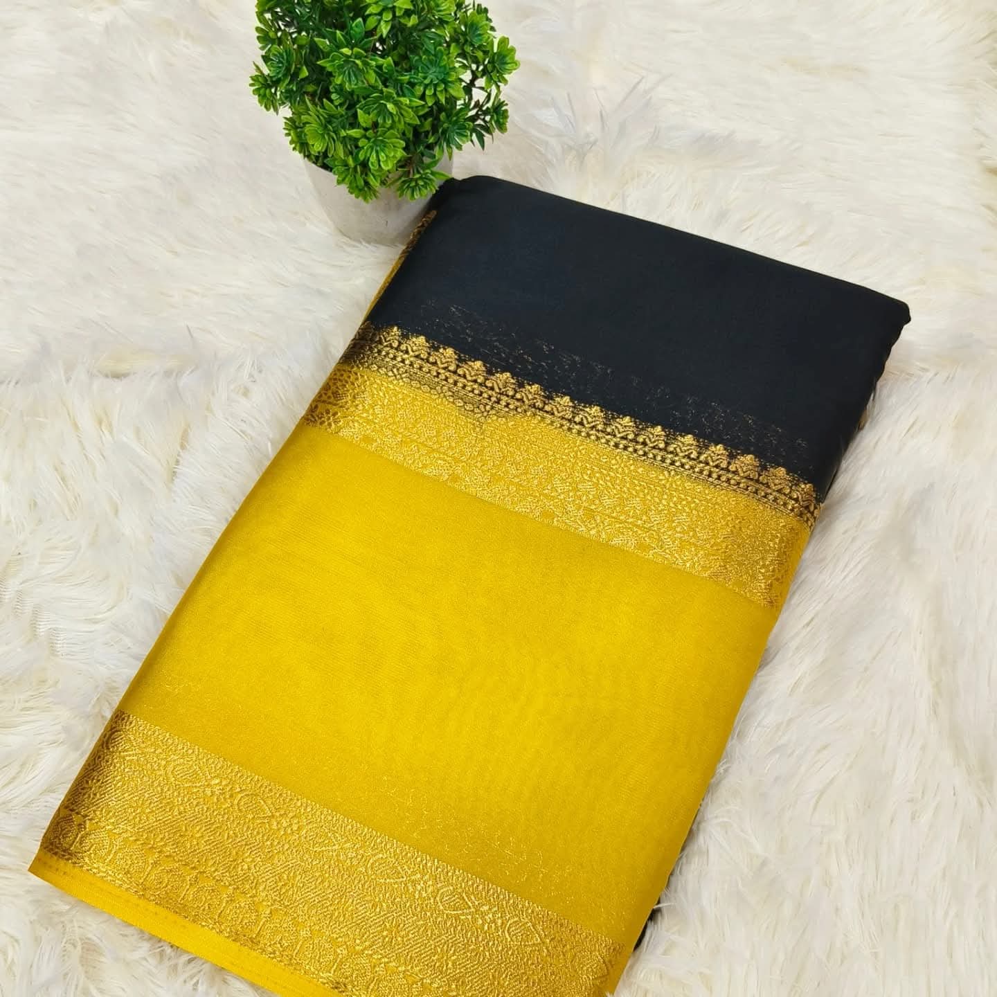 BLACK WITH GOLDEN YELLOW SEMI MYSORE CREPE SILK