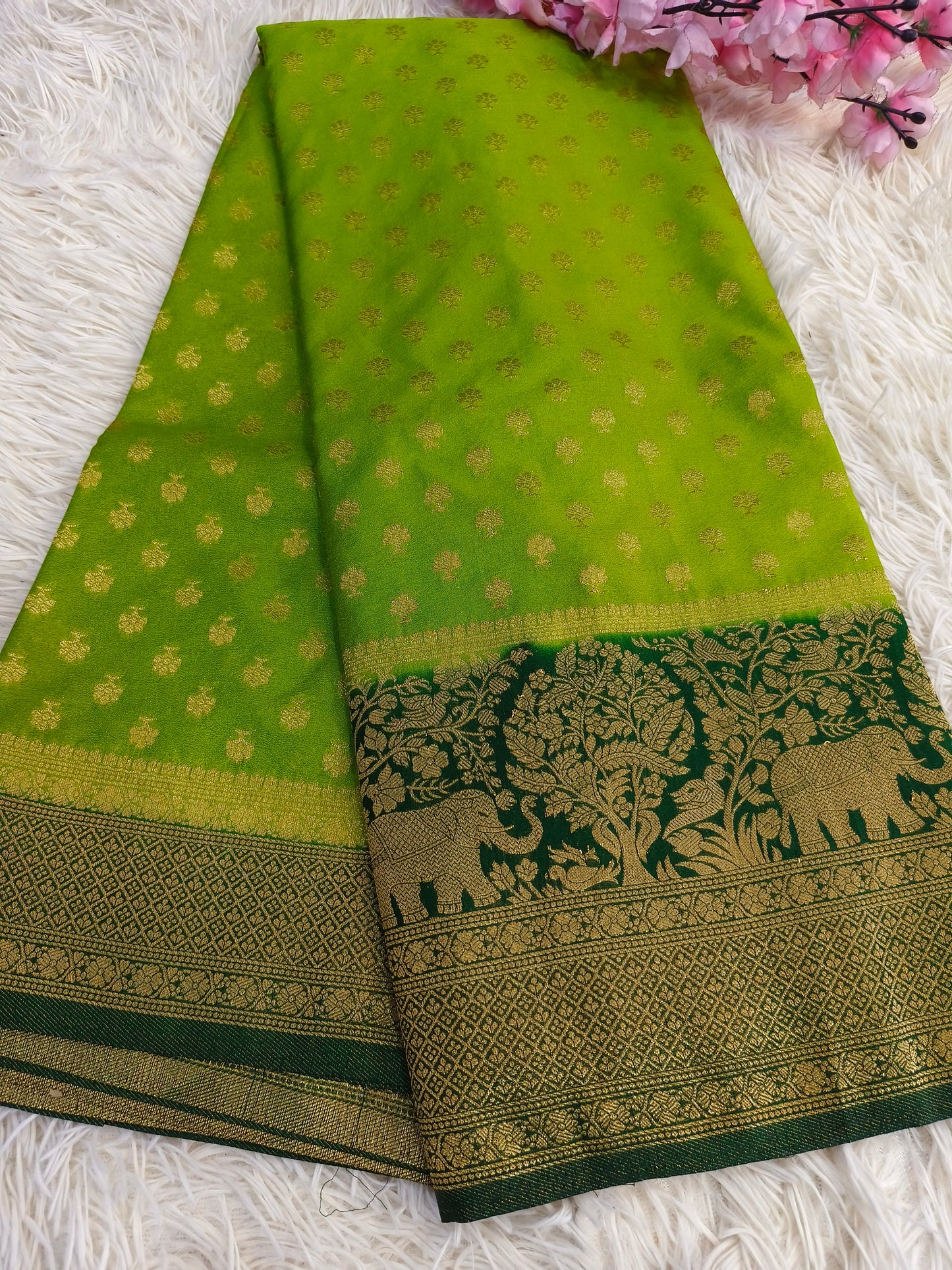 Parrot green with bottle green Banarasi georgette silk saree