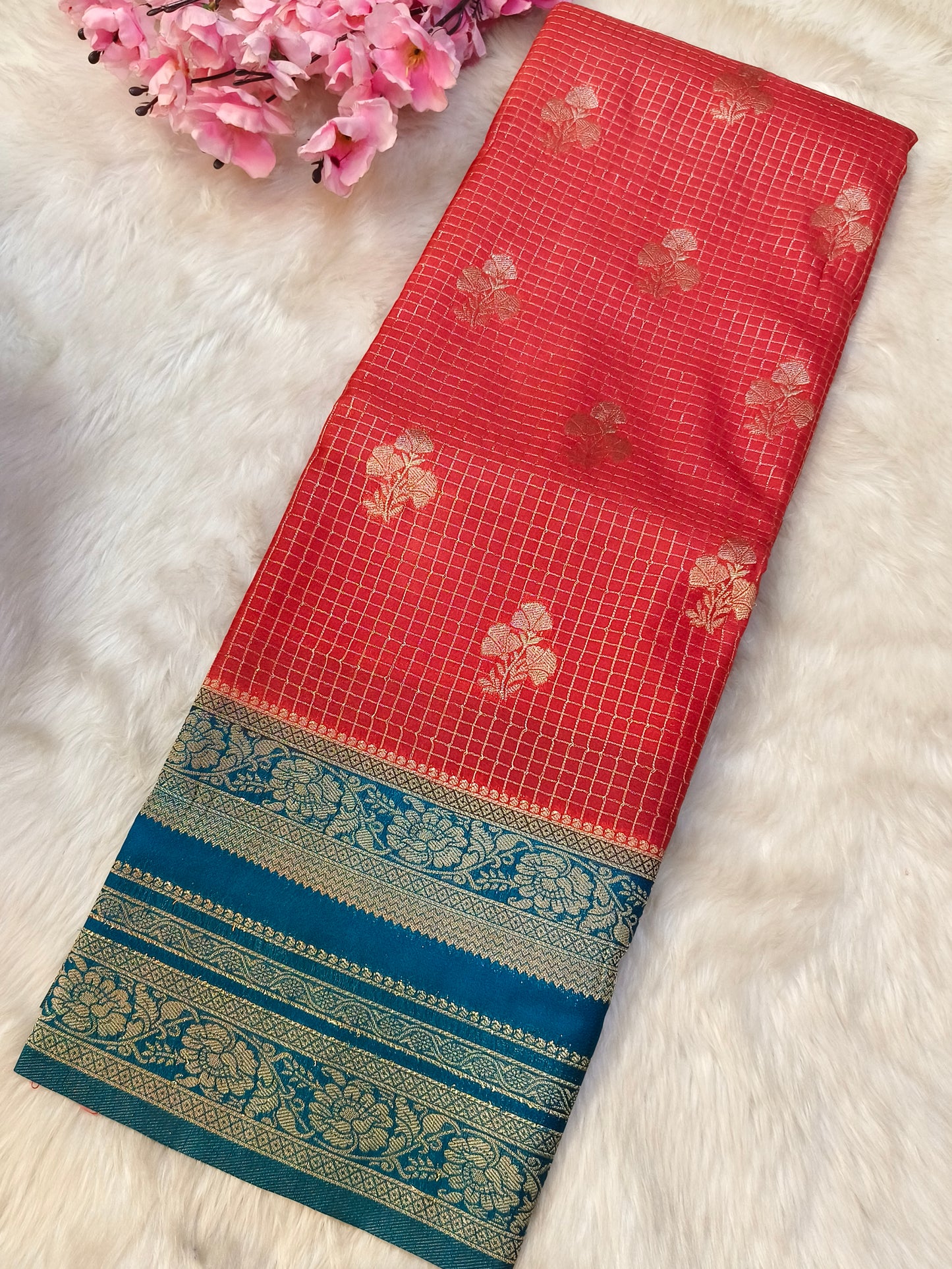 Pink with blue georgette crepe silk saree