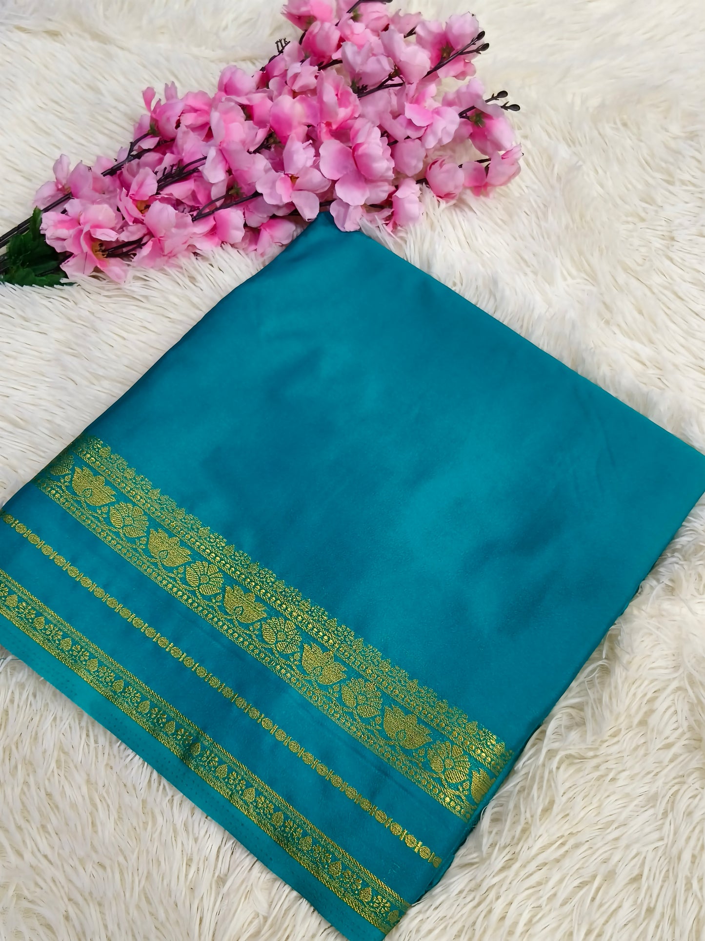 Aqua Blue semi Mysore crepe silk saree