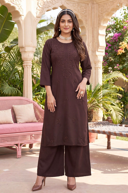 Brown chikan work dress