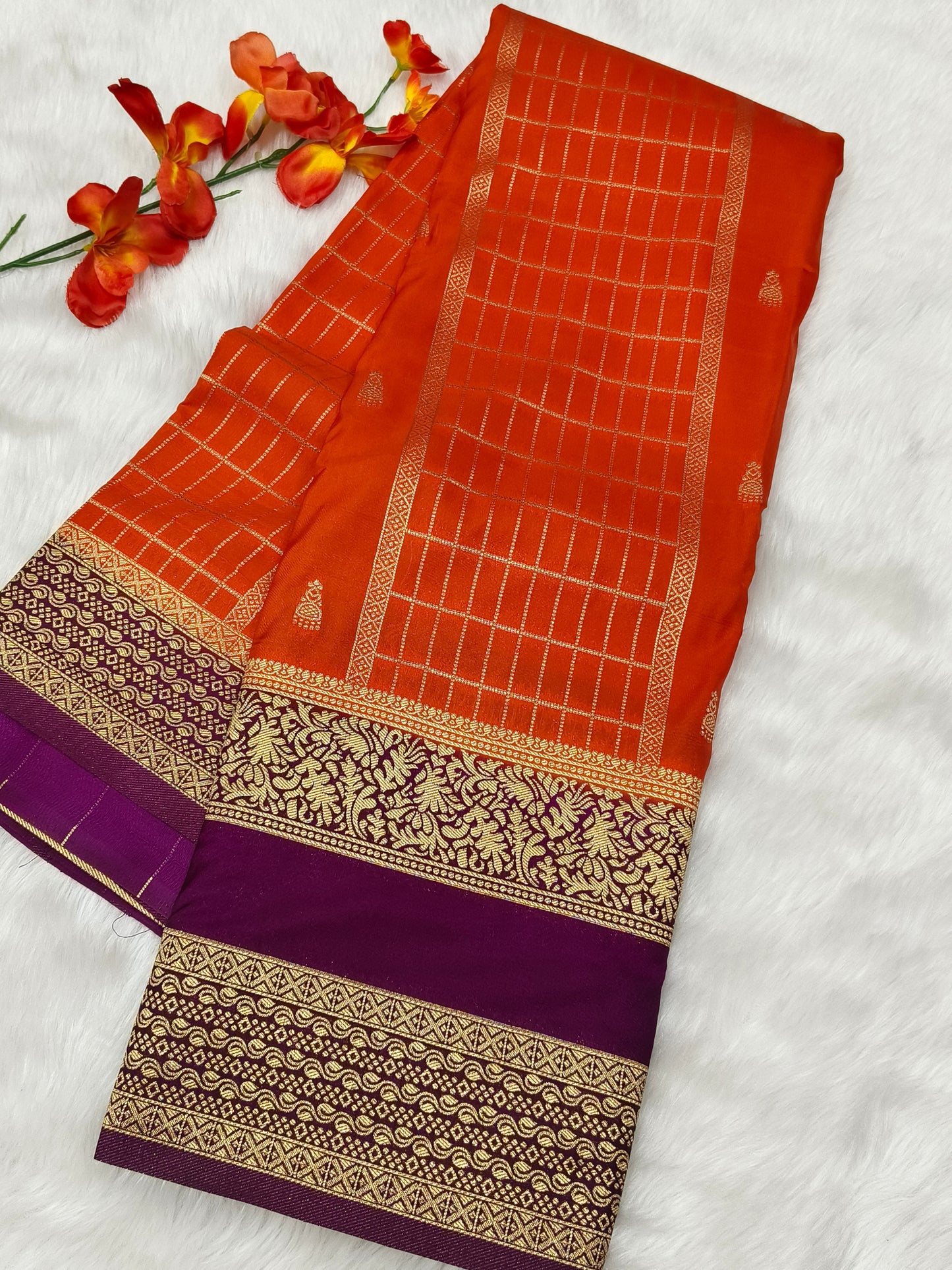 Orange with mejentha pink silk Georgette saree