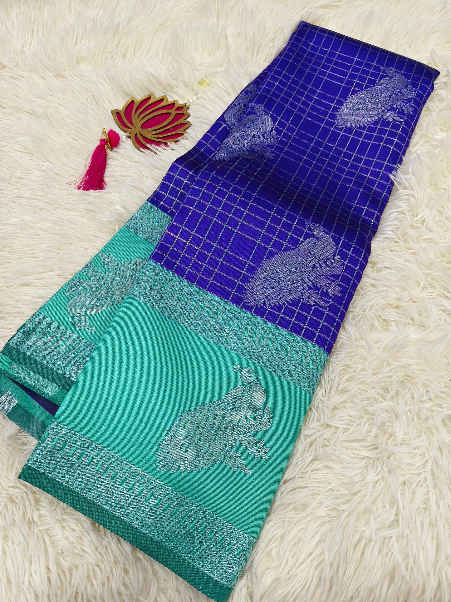 Ink blue with seagreen Mercidised silk saree