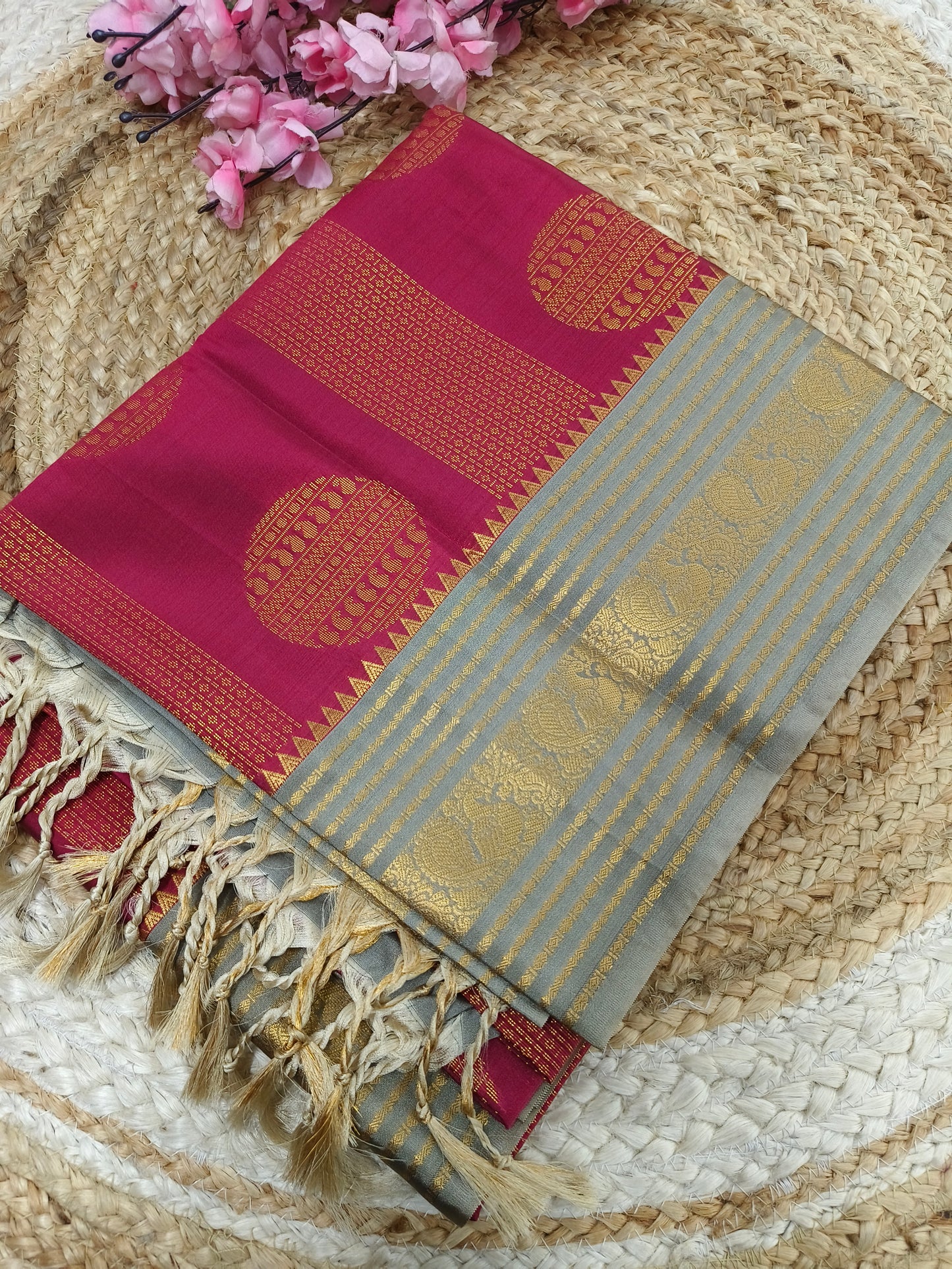 Maroon with Gray Elegant soft semi kanjivaram silk saree
