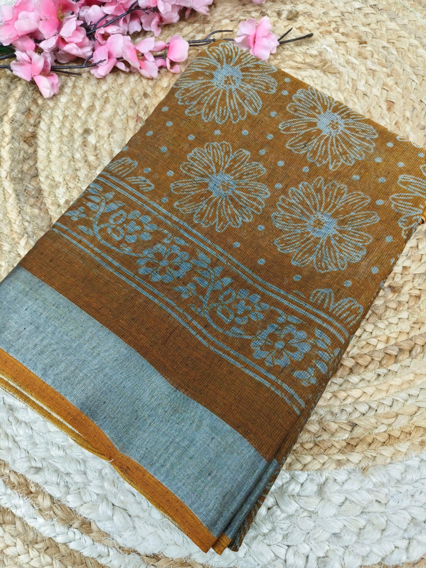Dark orange - Black Lenin Cotton saree