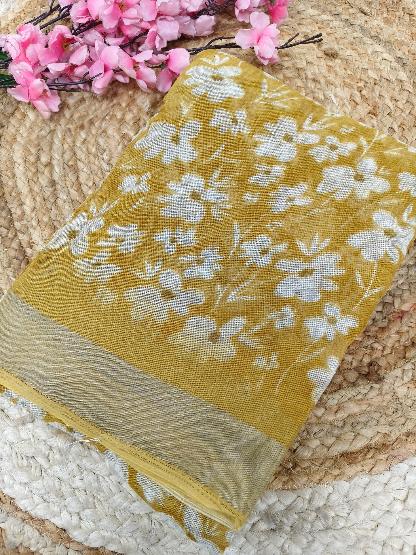 yellow Lenin Cotton saree