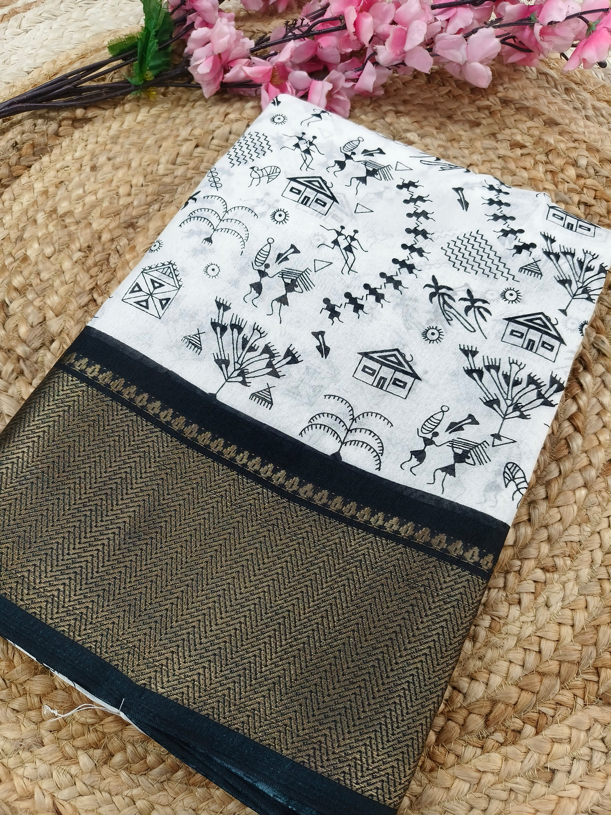 White with black Dola Silk Saree