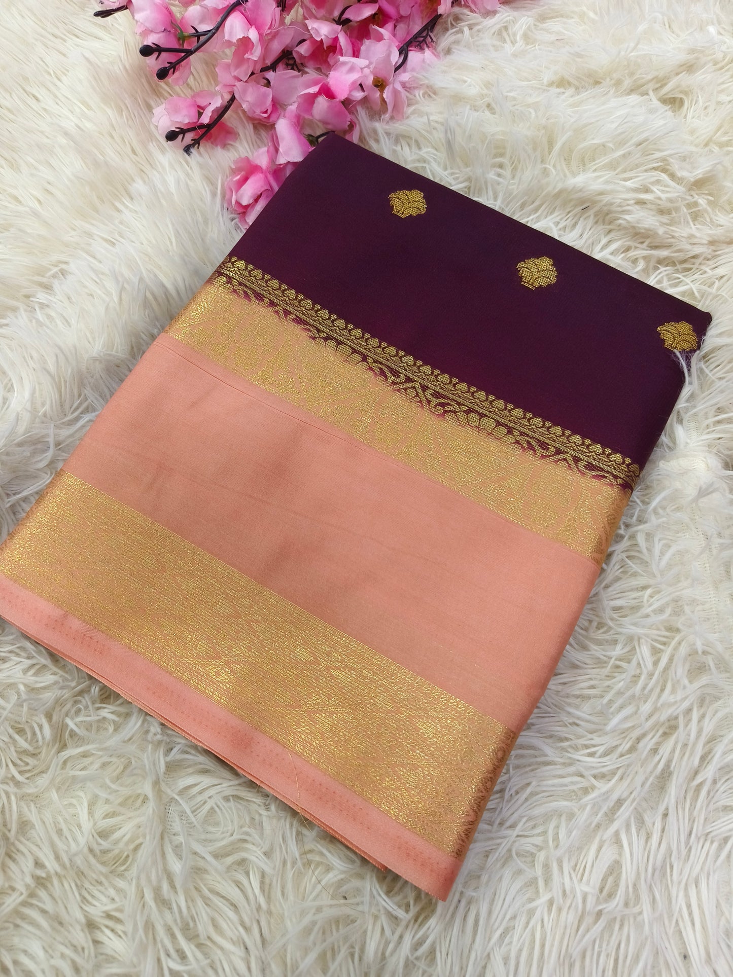 Wine With Light Peach Semi Mysore crepe silk saree