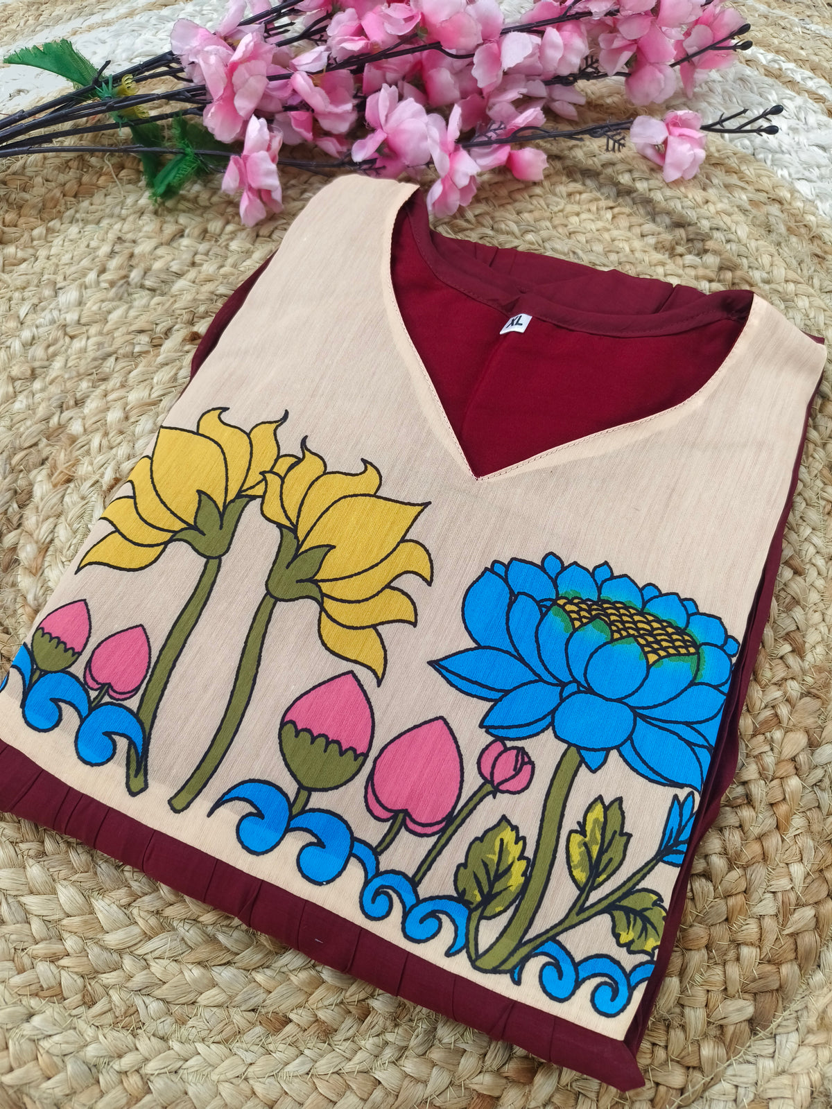 Maroon Floral Kalamkari Style A-Line Kurti