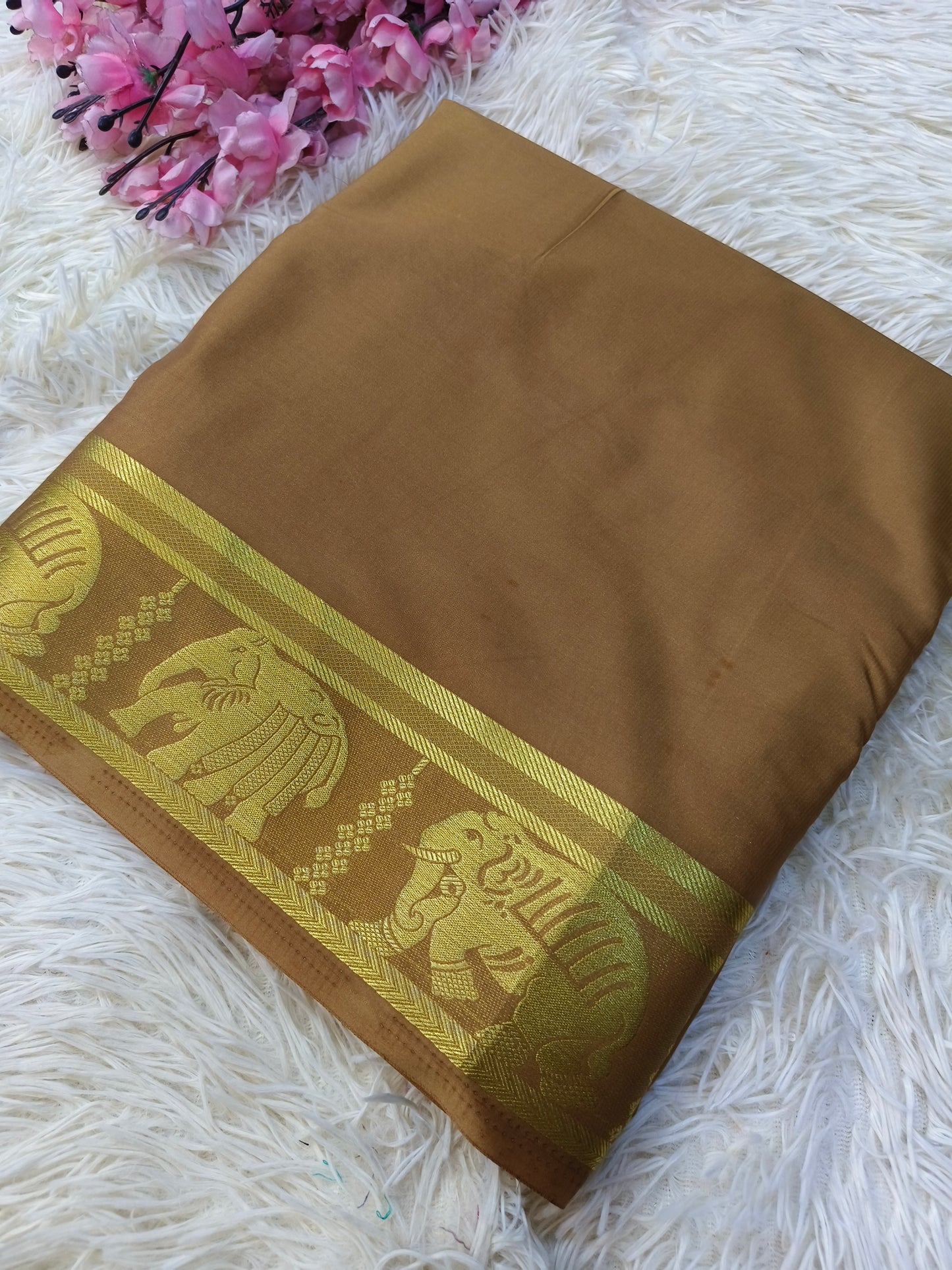Light brown semi Mysore crepe silk saree