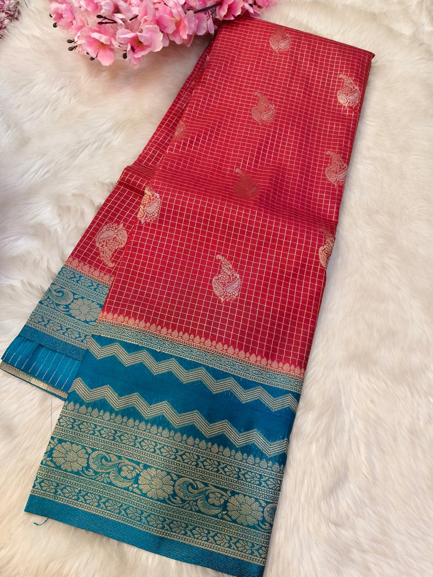 Red with sky blue georgette crepe silk saree