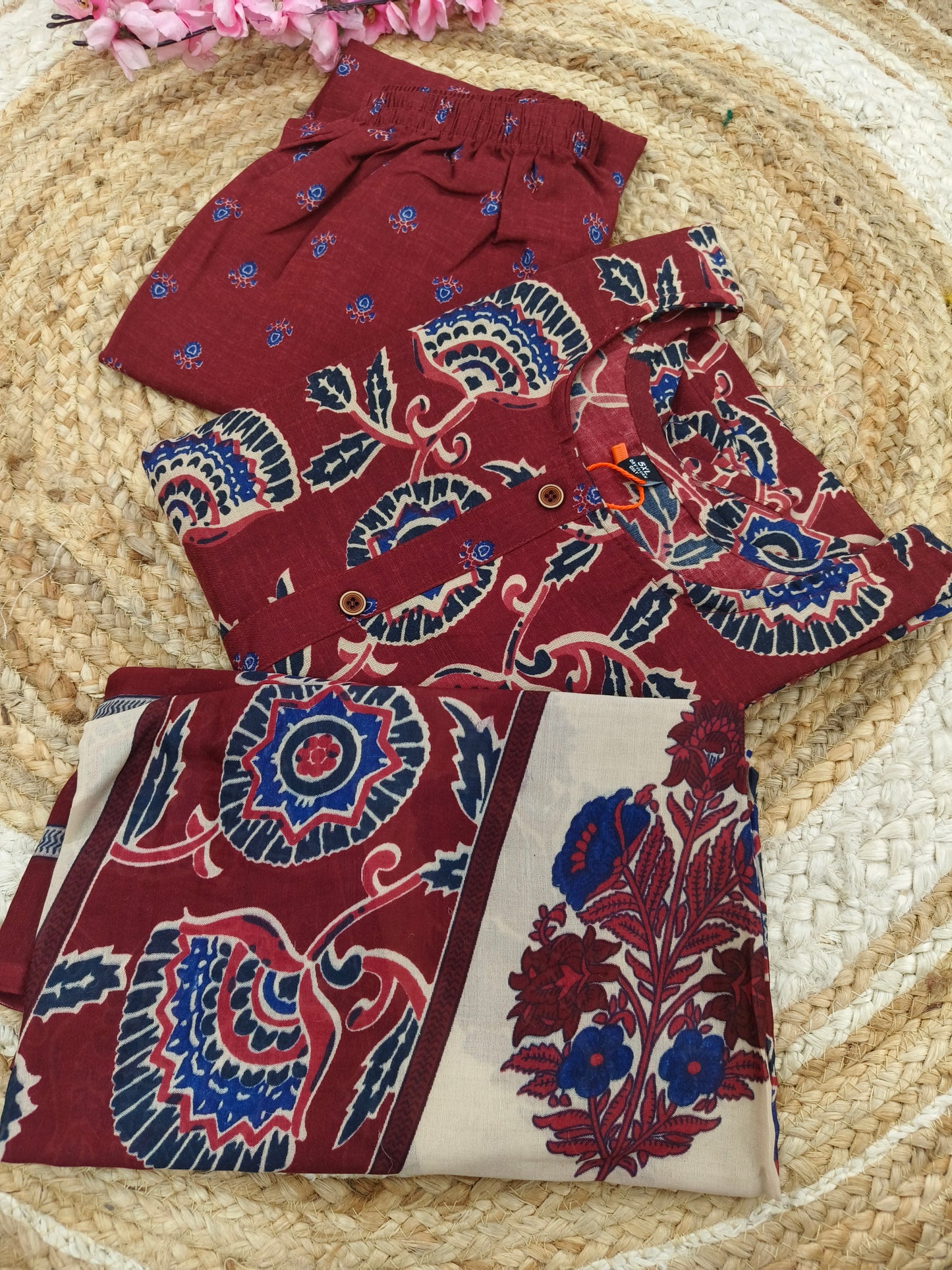 Maroon Cotton sets with duppatta