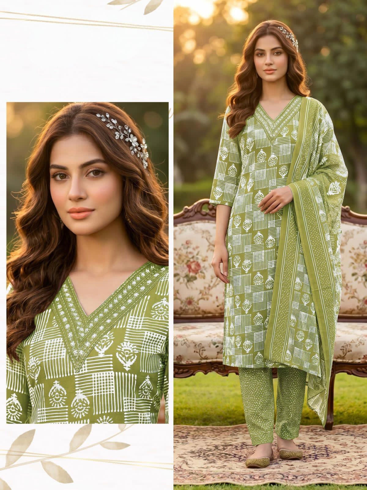 Green Cotton sets with duppata