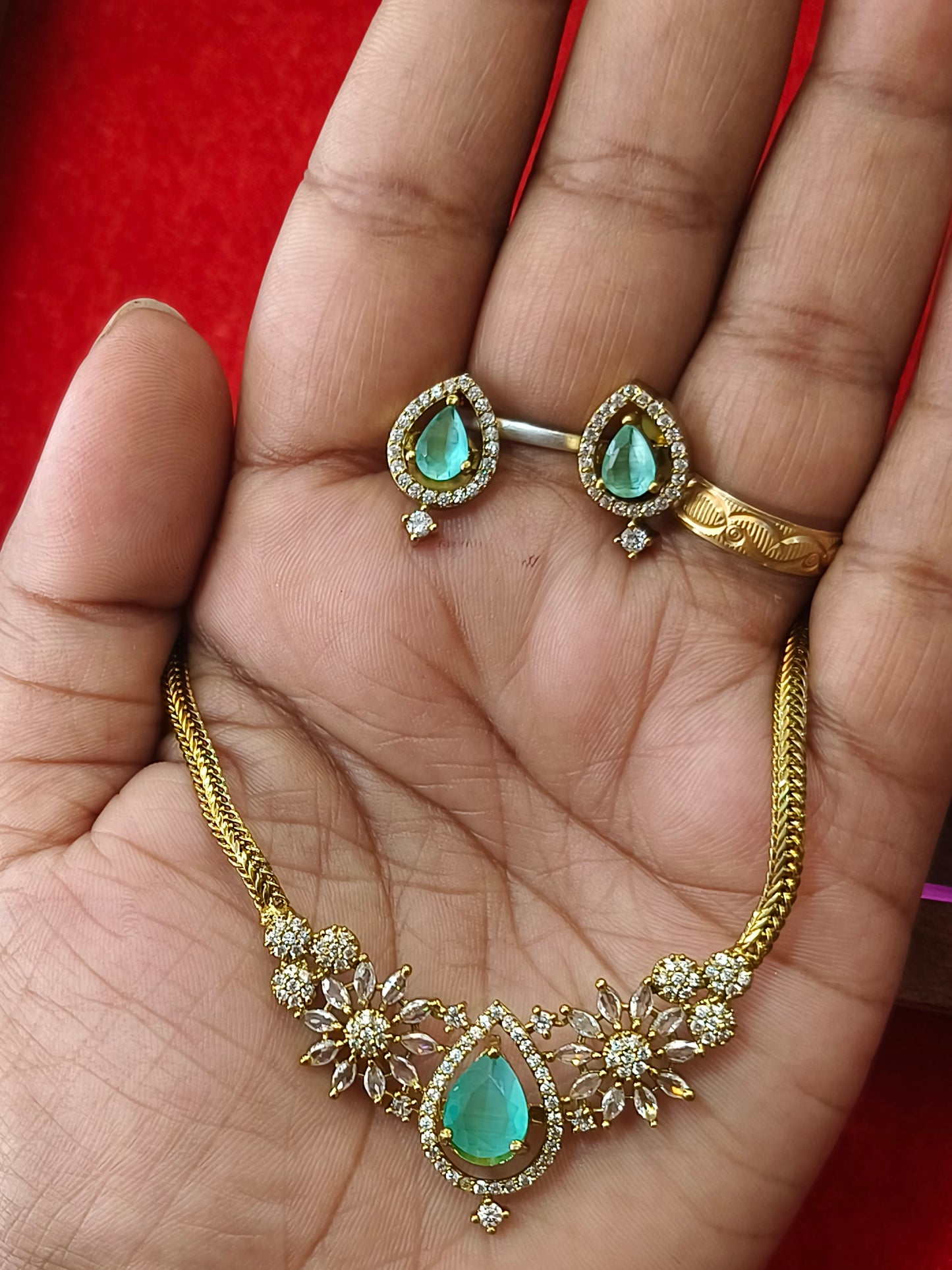 Mint Blue Teardrop floral gold plated Necklace