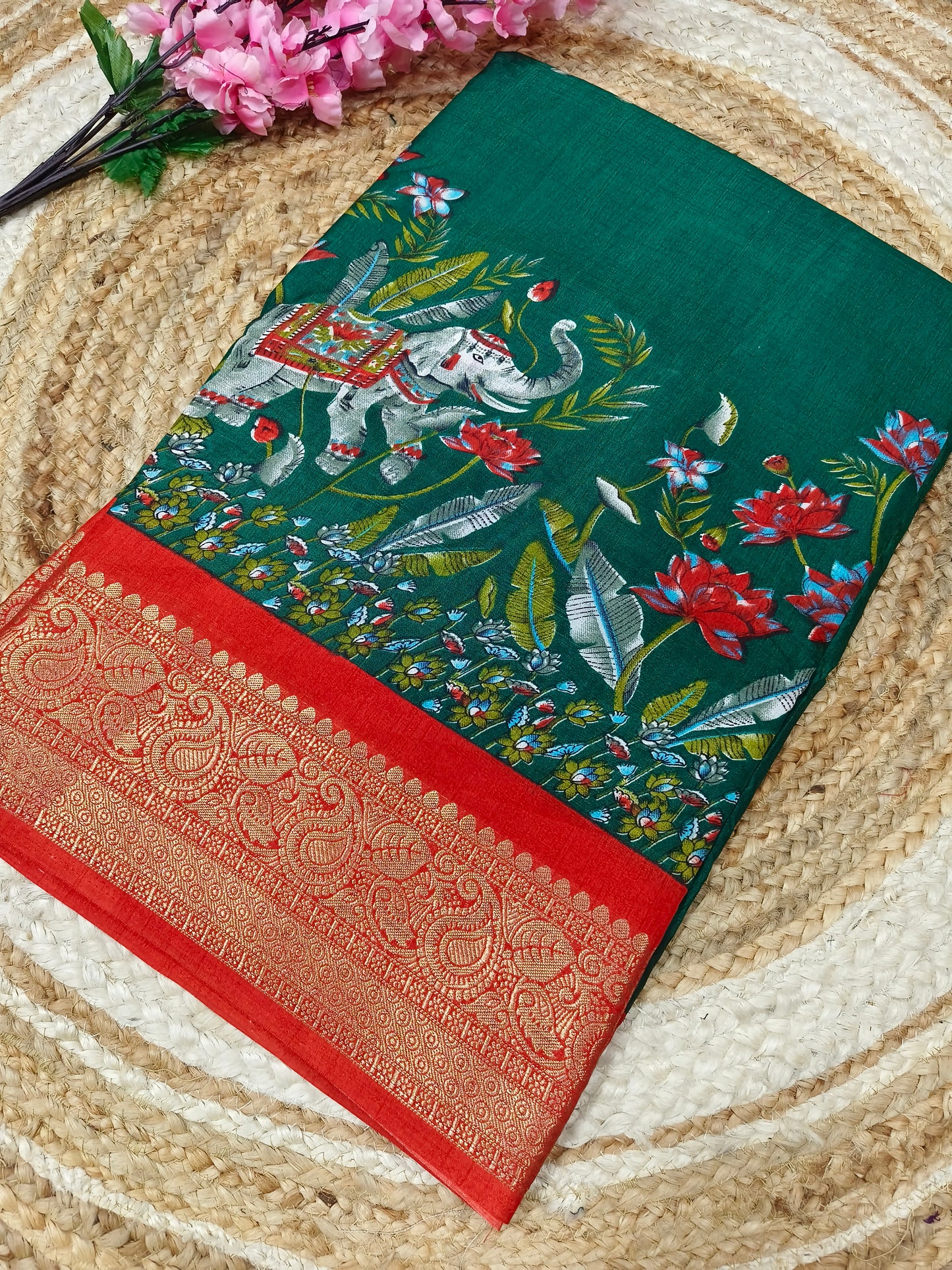 Green with orange Binny silk saree