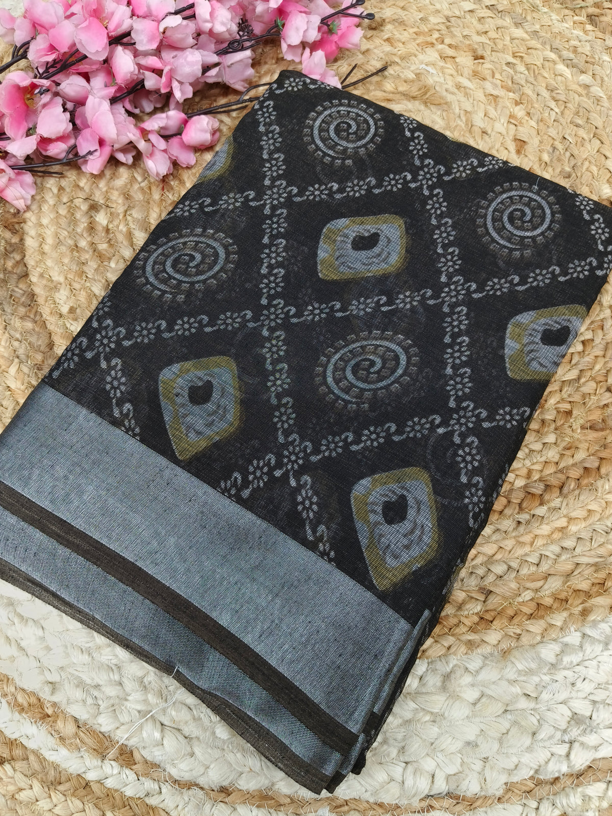 Dark Grey - Black Lenin Cotton saree