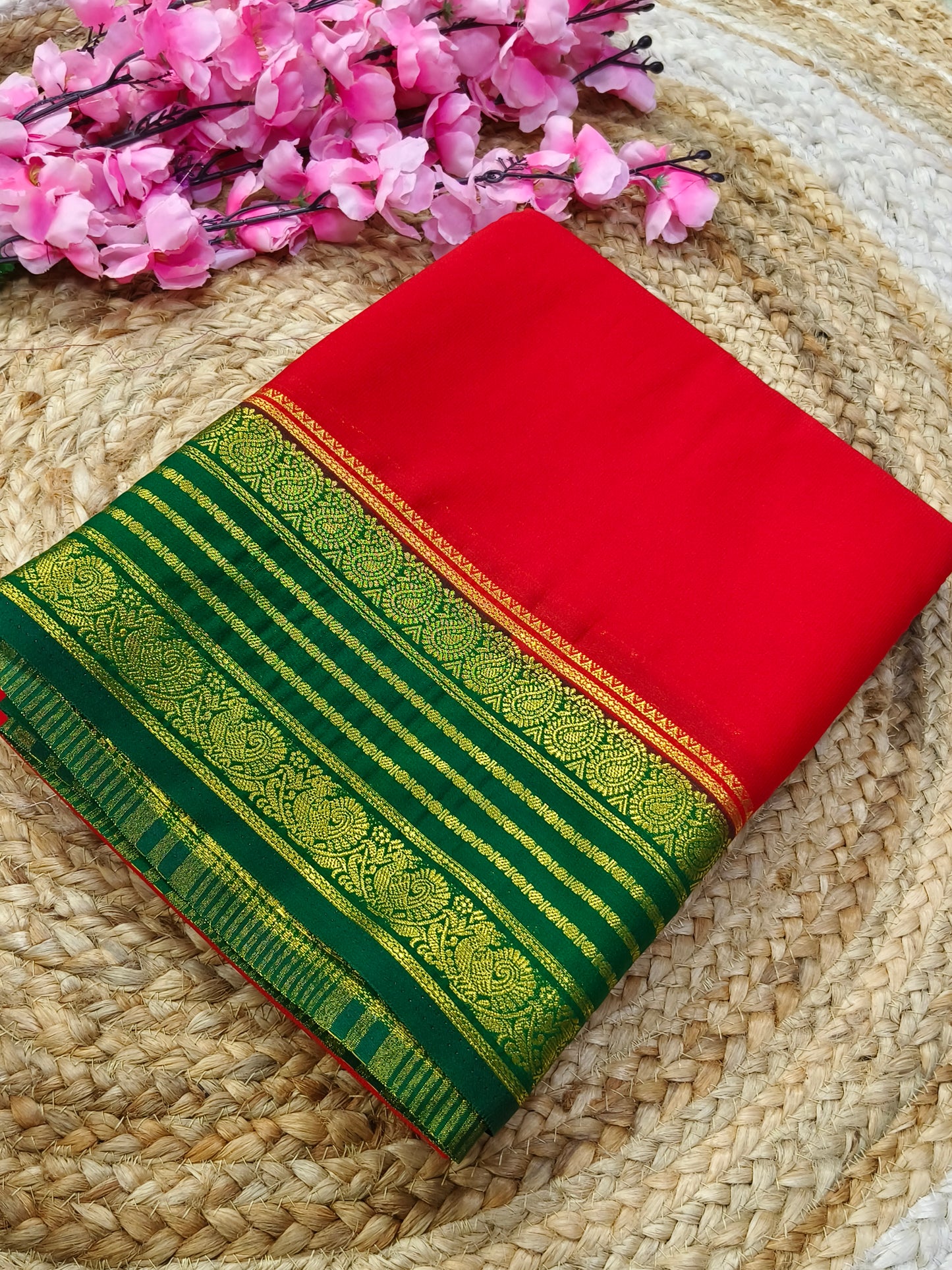 Red With Green semi Mysore crepe silk saree