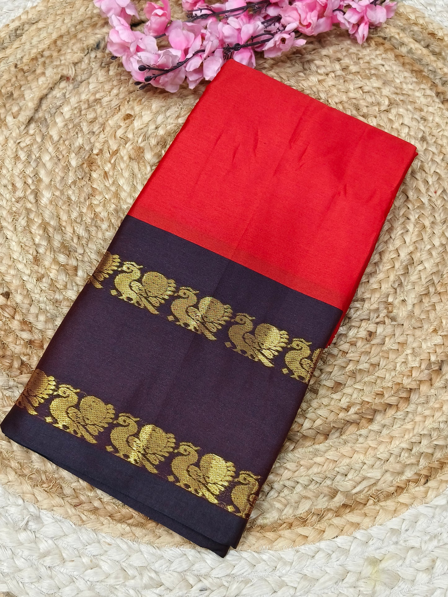 Red With Brown Gadwal Semi silk saree