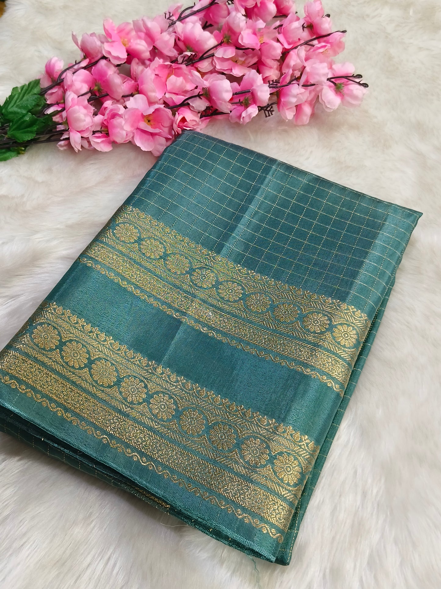 Teal green Munga silk saree