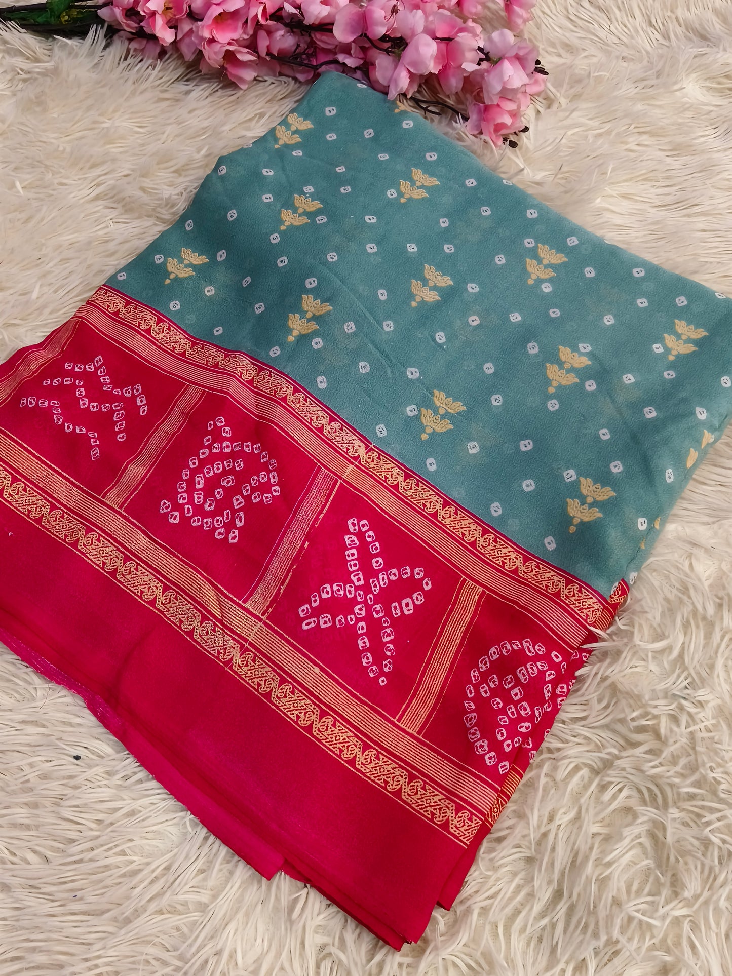 Mint Blue Bandhani chinon georgette saree