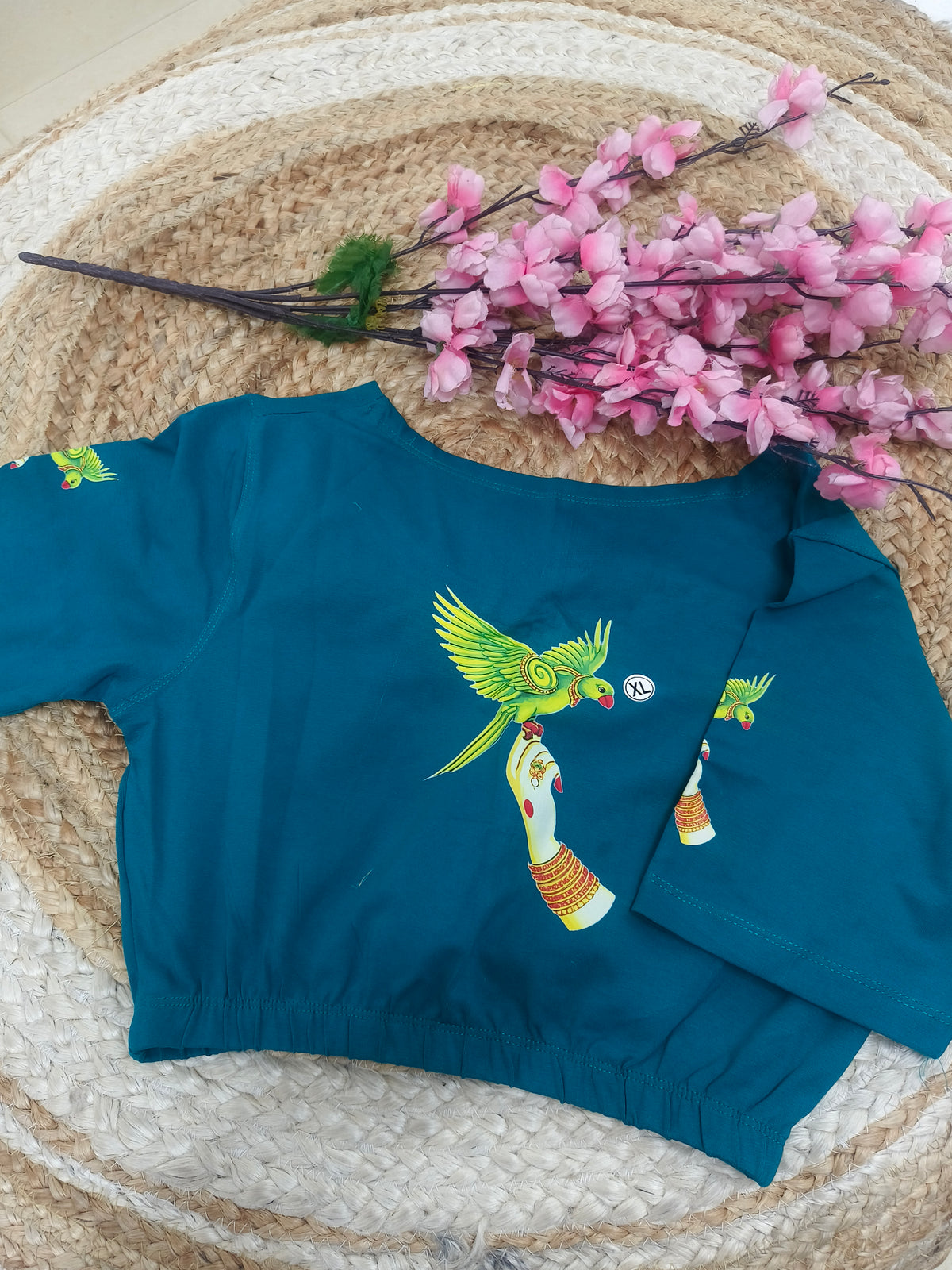 Peacock blue Stretchable blouse with unique printed design
