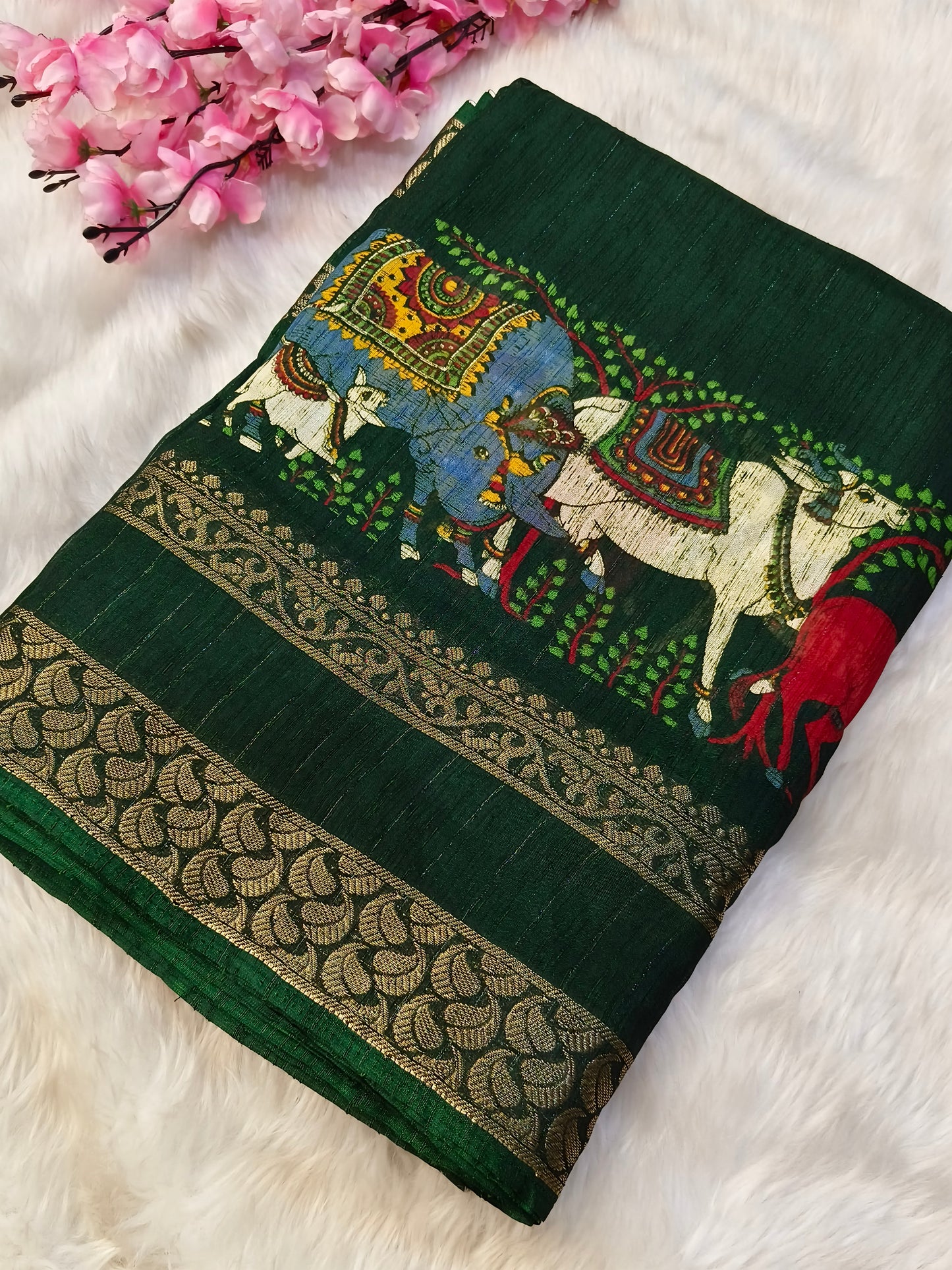 Green Pichwai Chinon silk saree