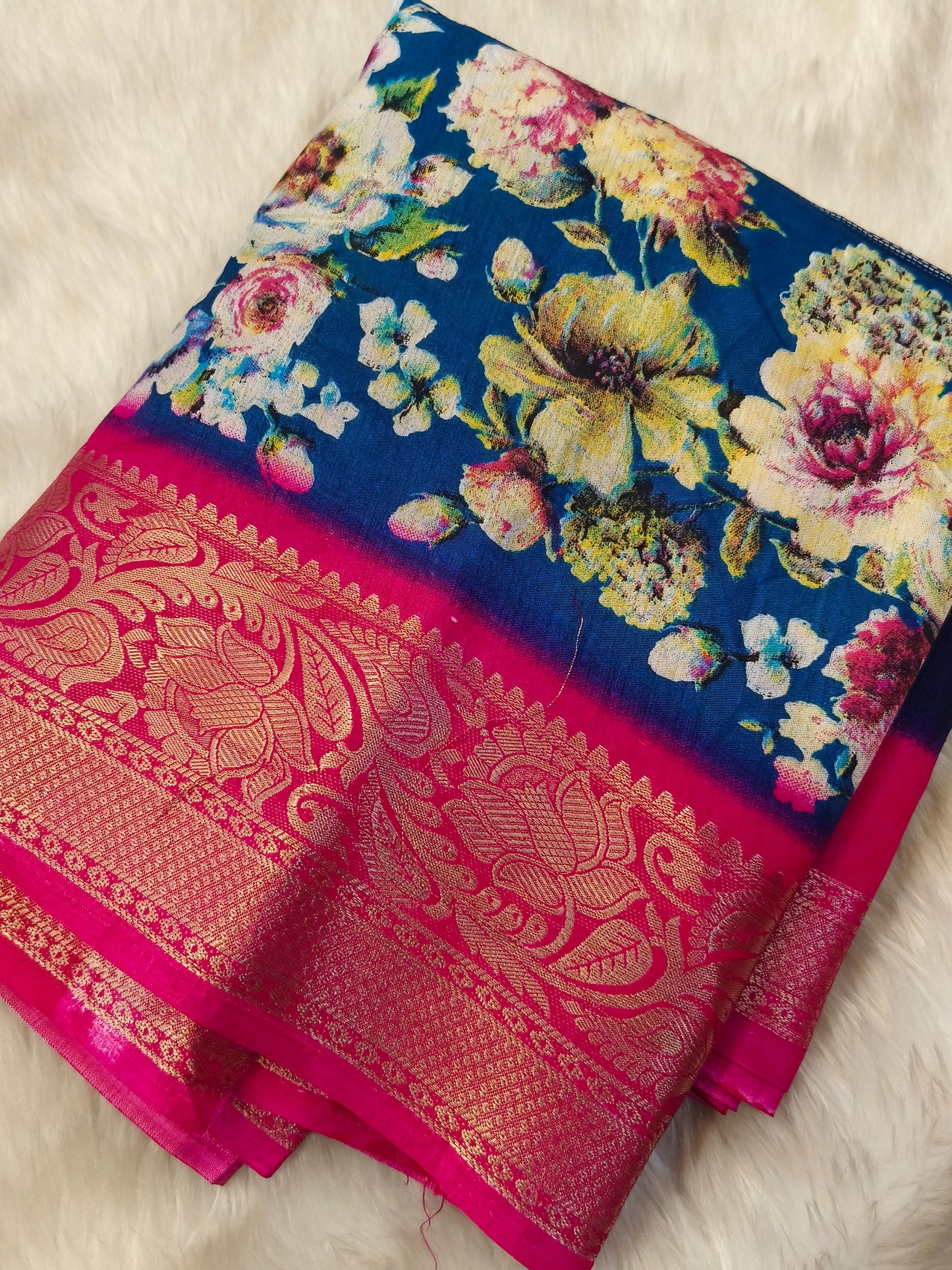 Blue With Pink Dola silk Saree