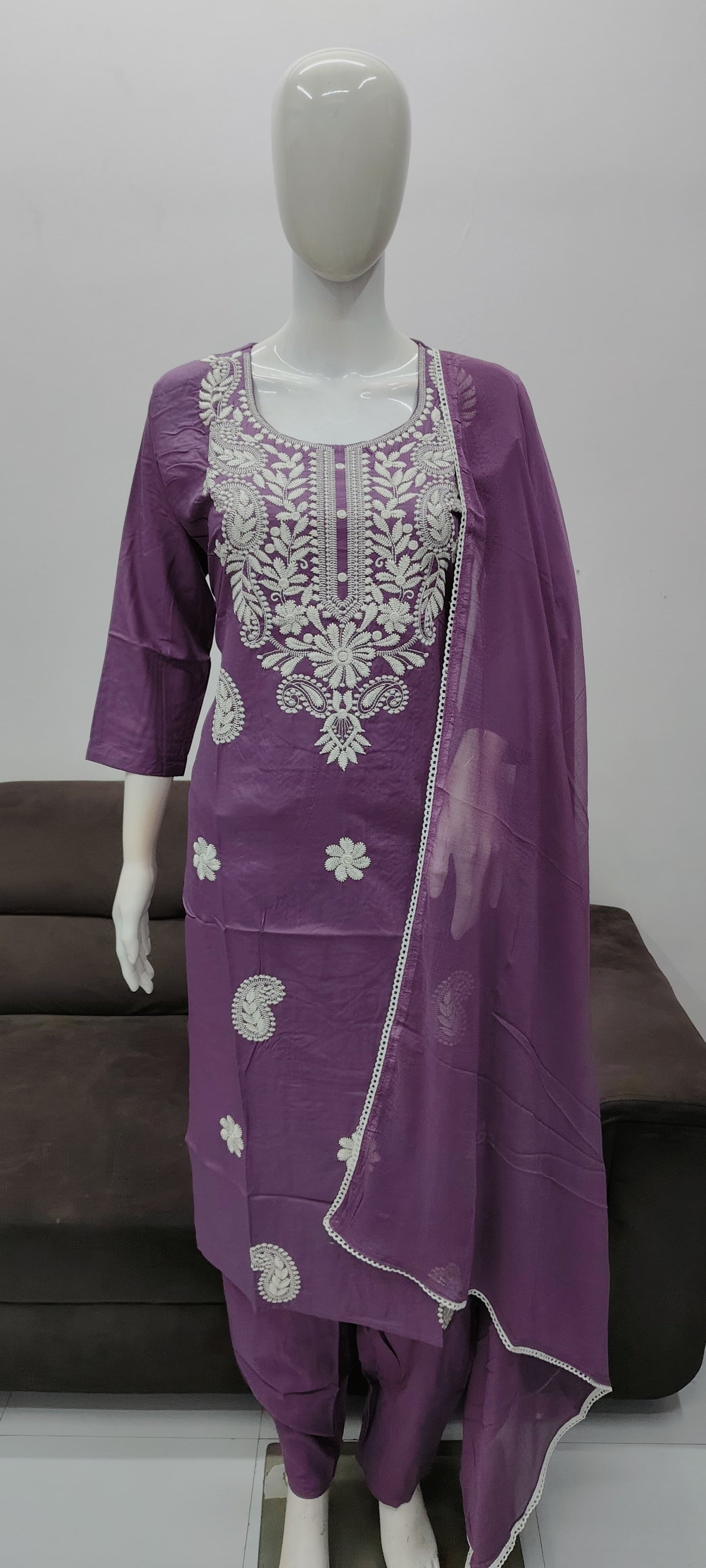 Lavender designer chickankari work salwar suit