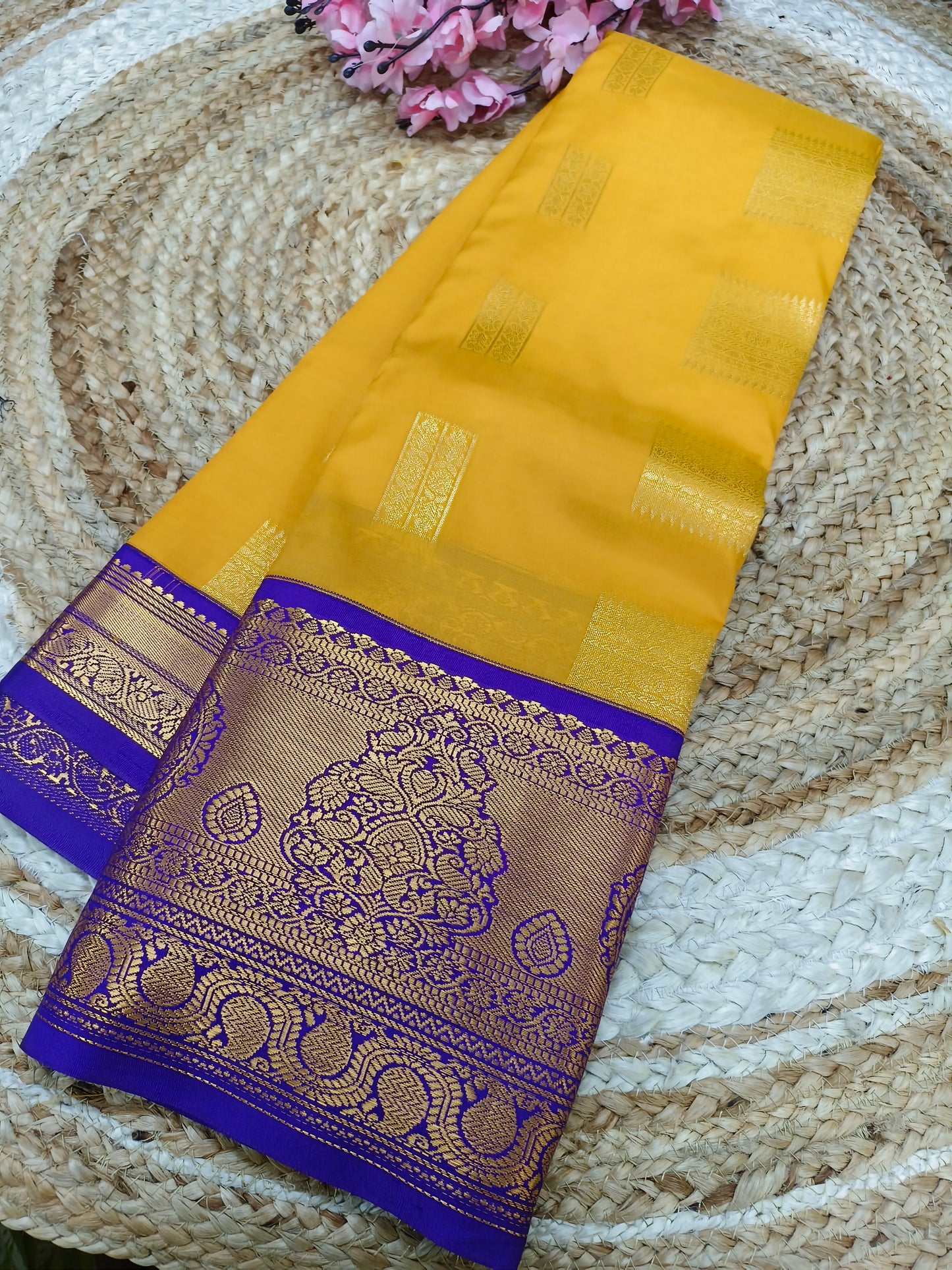 Yellow with purple Elegant soft semi kanjivaram silk saree