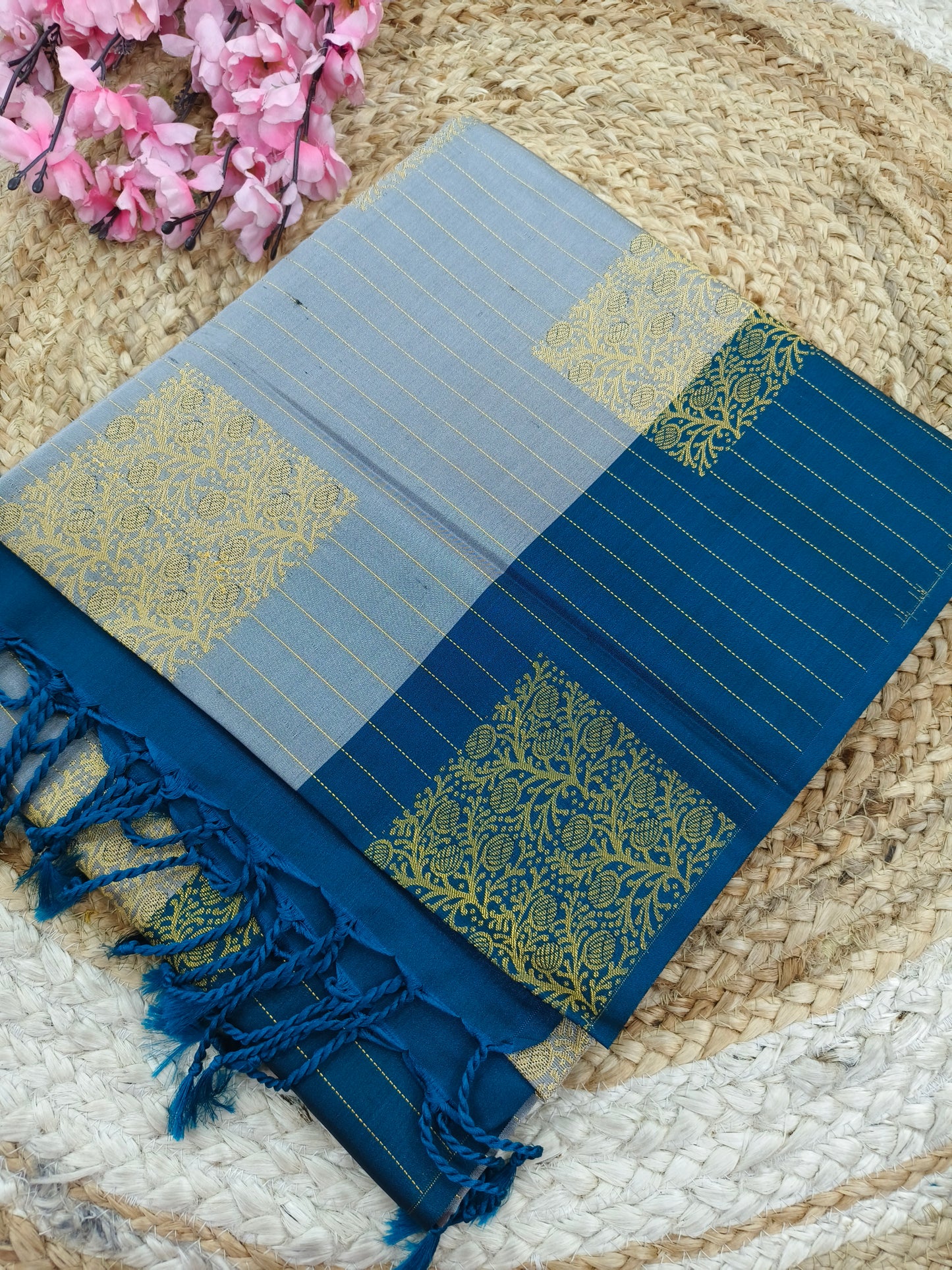 Light Blue with Peacock Blue Elegant soft semi kanjivaram silk saree