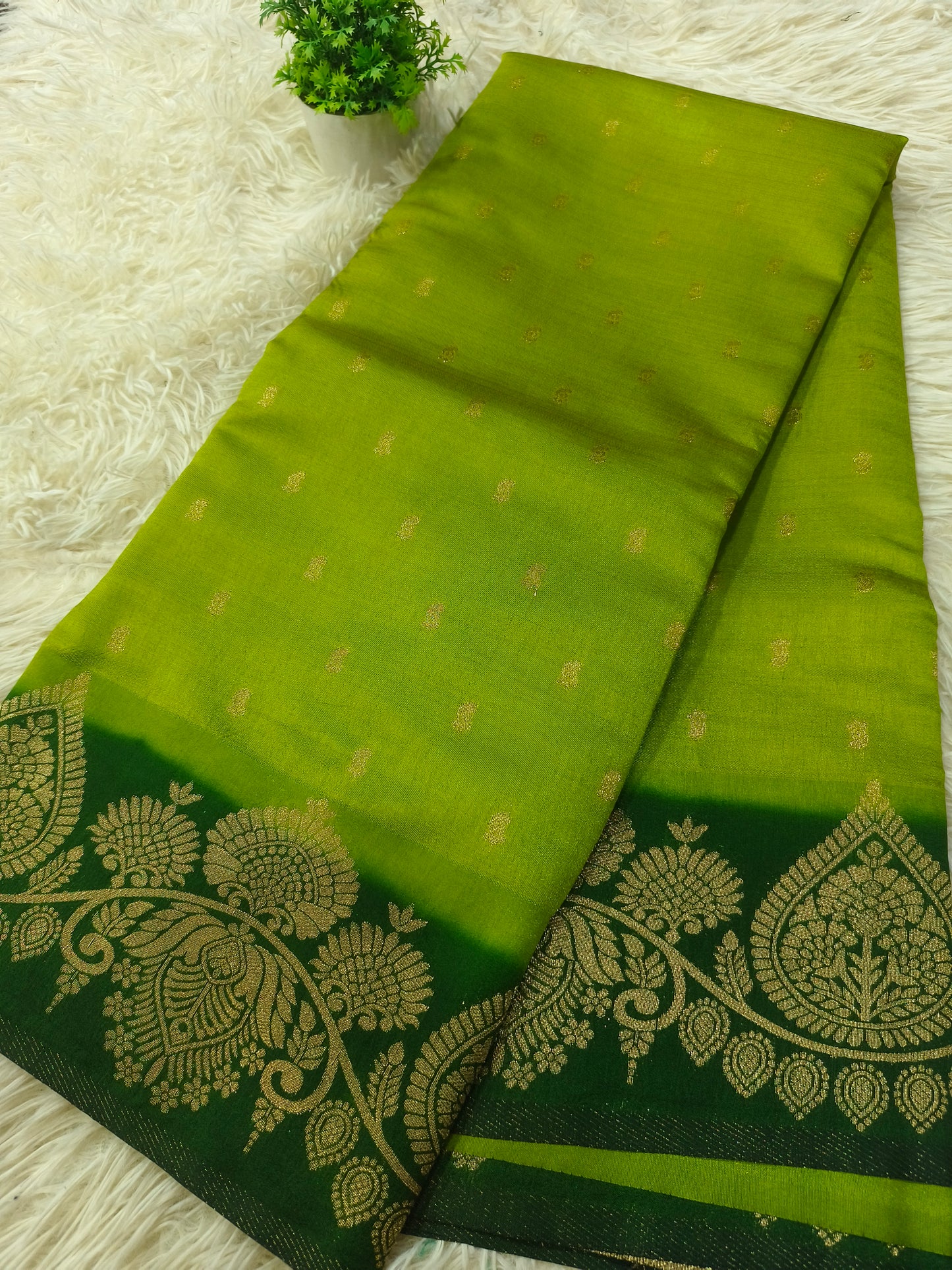 Parrot green with Bottle green soft silk saree