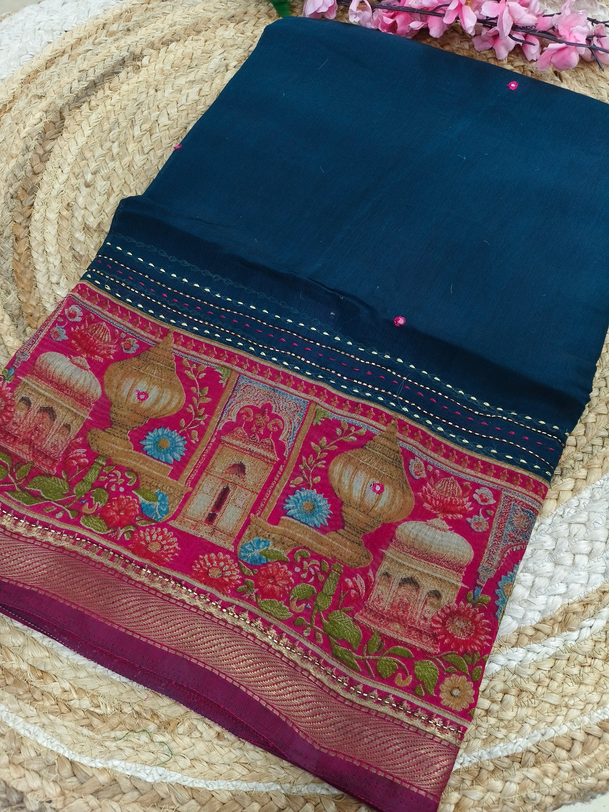 Peacock blue with Wine Printed Cotton Silk Saree