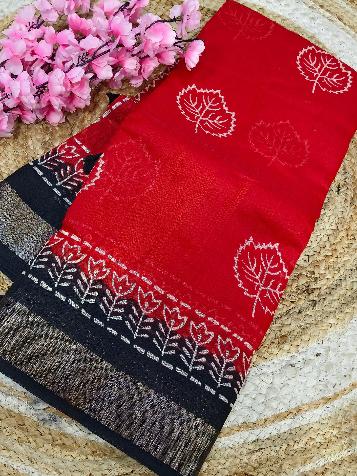 Red With Black Linen Jute saree