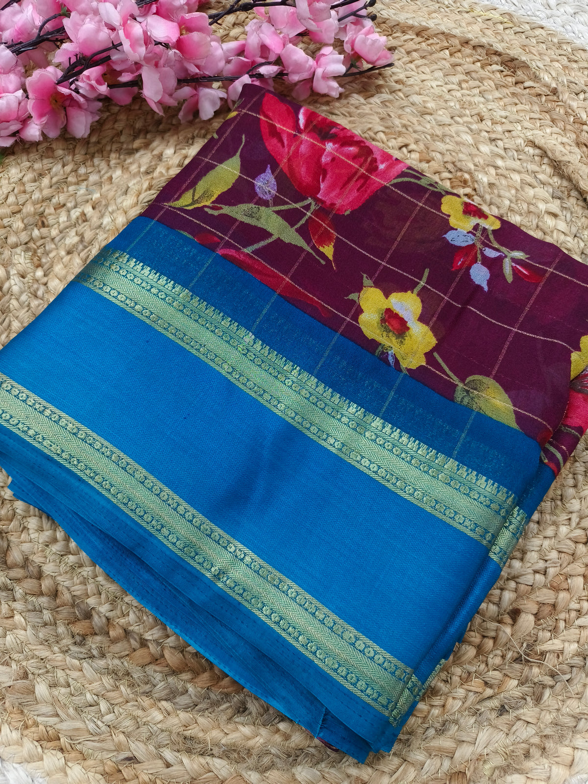 Wine with sky blue soft Georgette saree