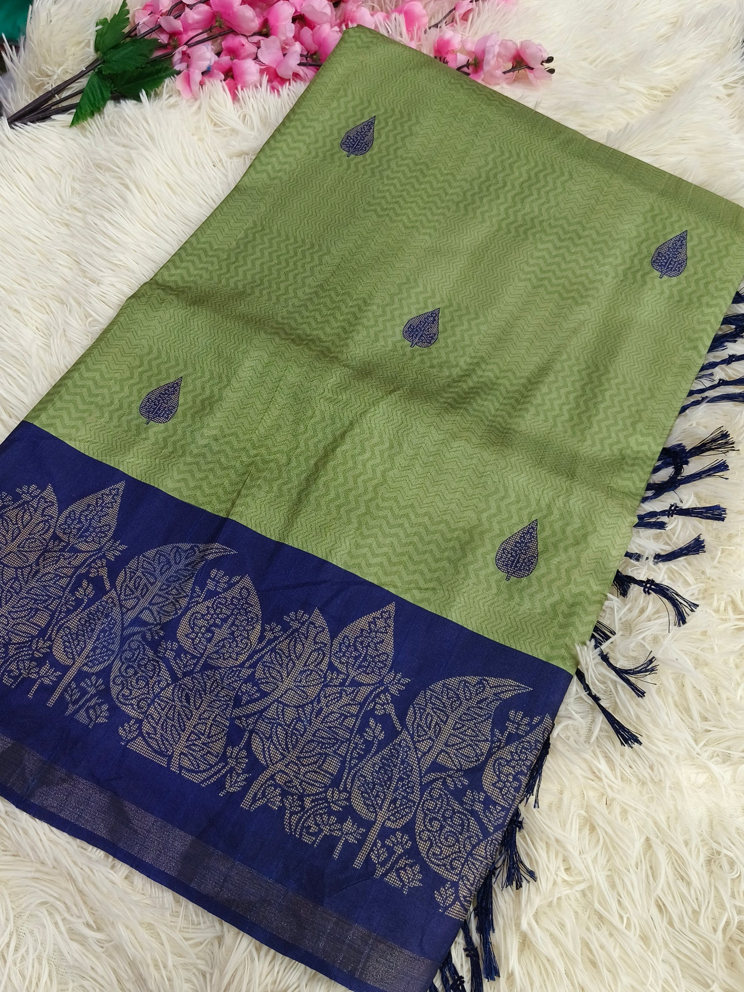 Pista Green With Blue Tussar silk saree