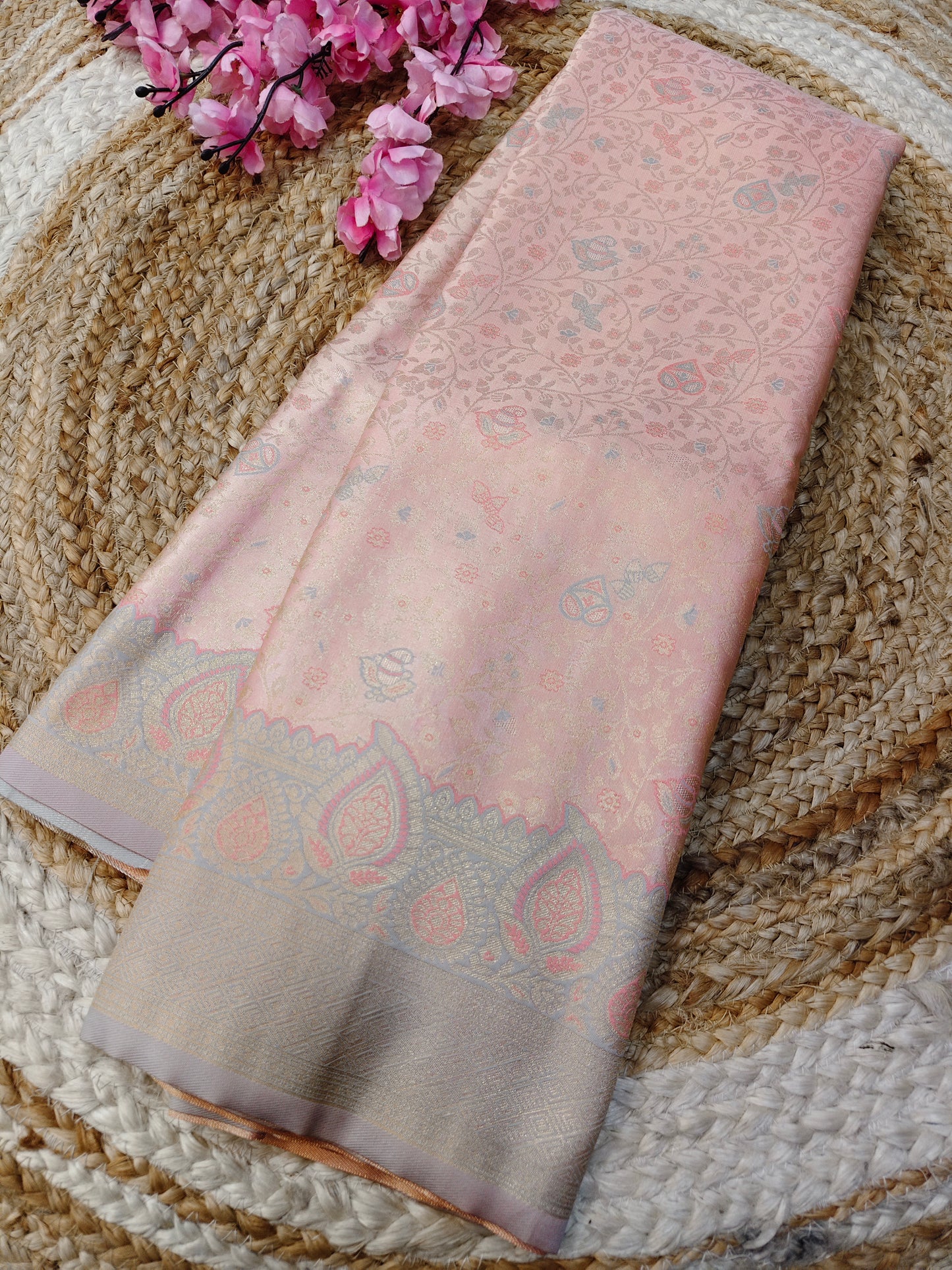 Peach with Grey Soft satin Silk saree