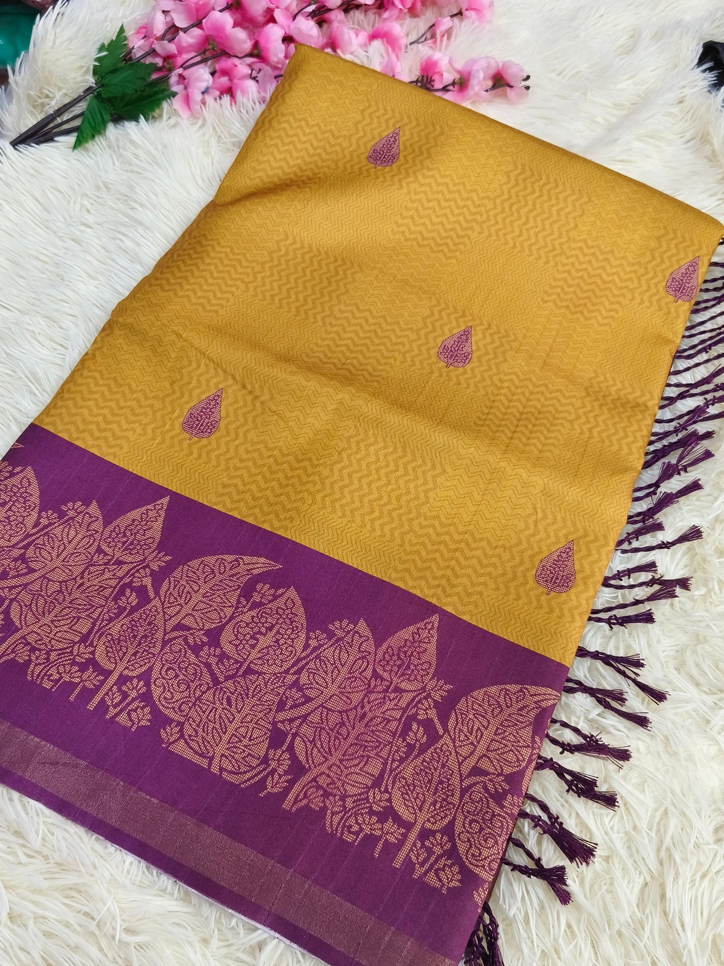 Yellow With Pink Tussar silk saree