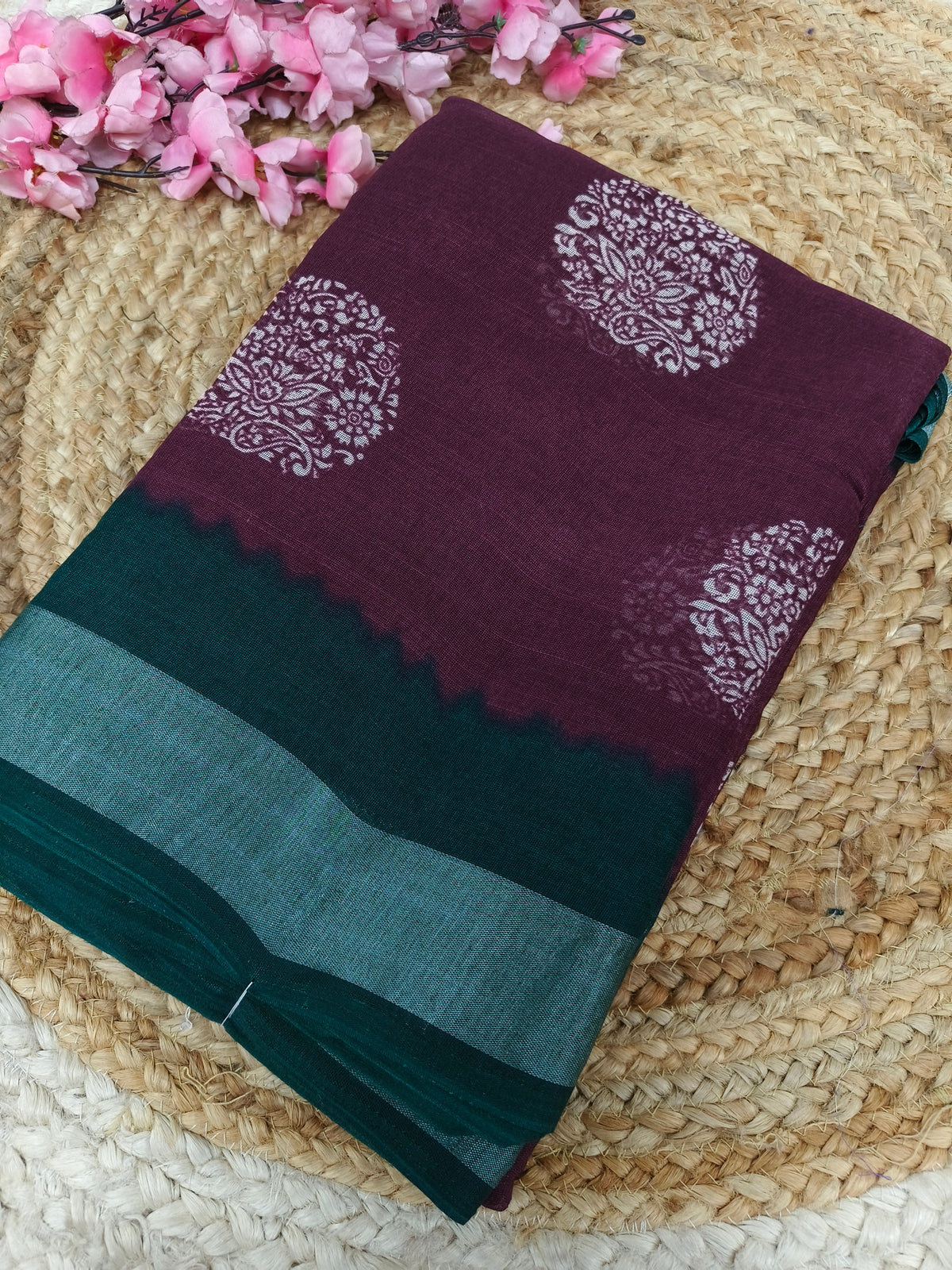 Wine with bottle green Lenin Cotton saree