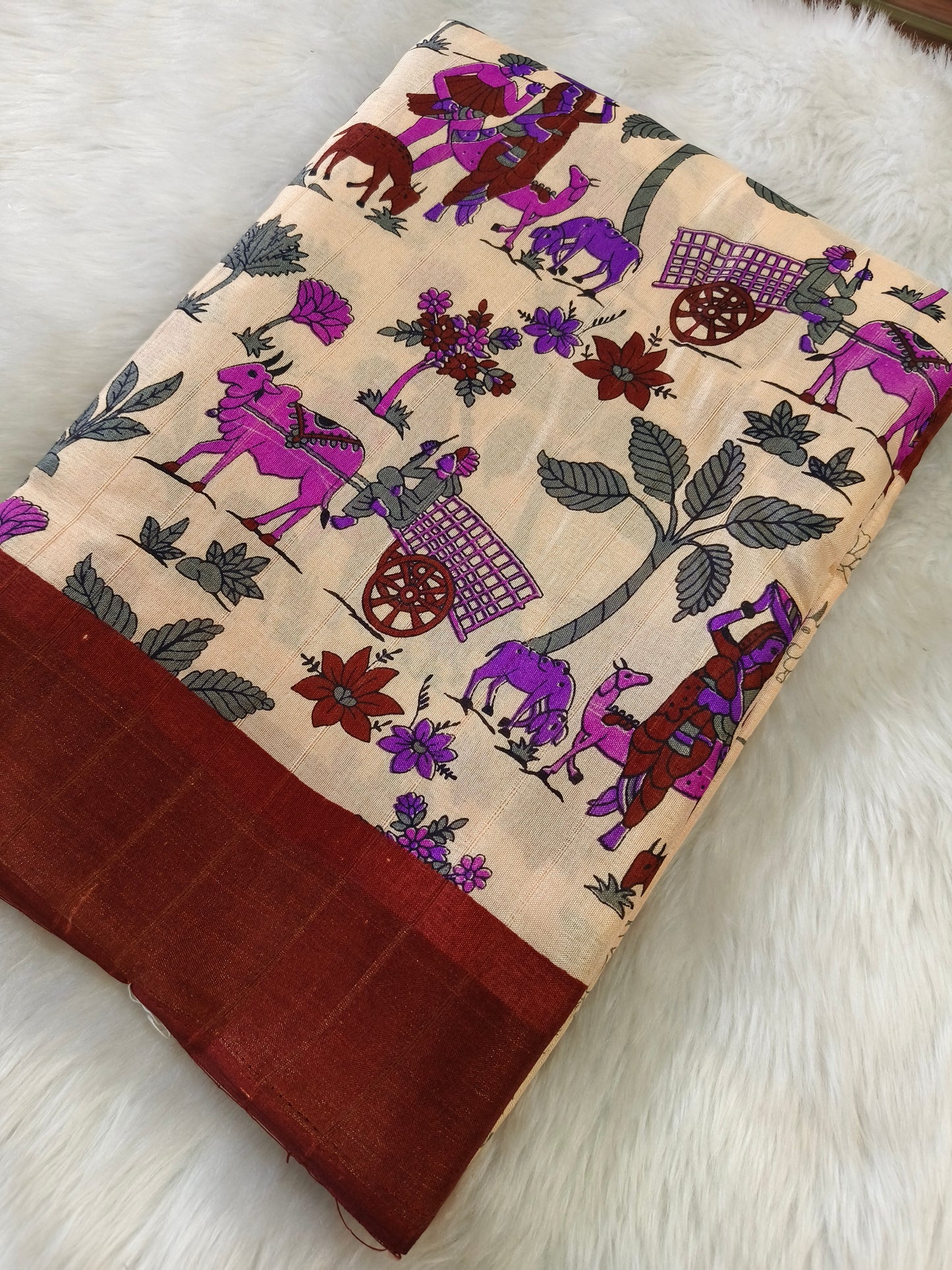 Cream Lenin silk Saree