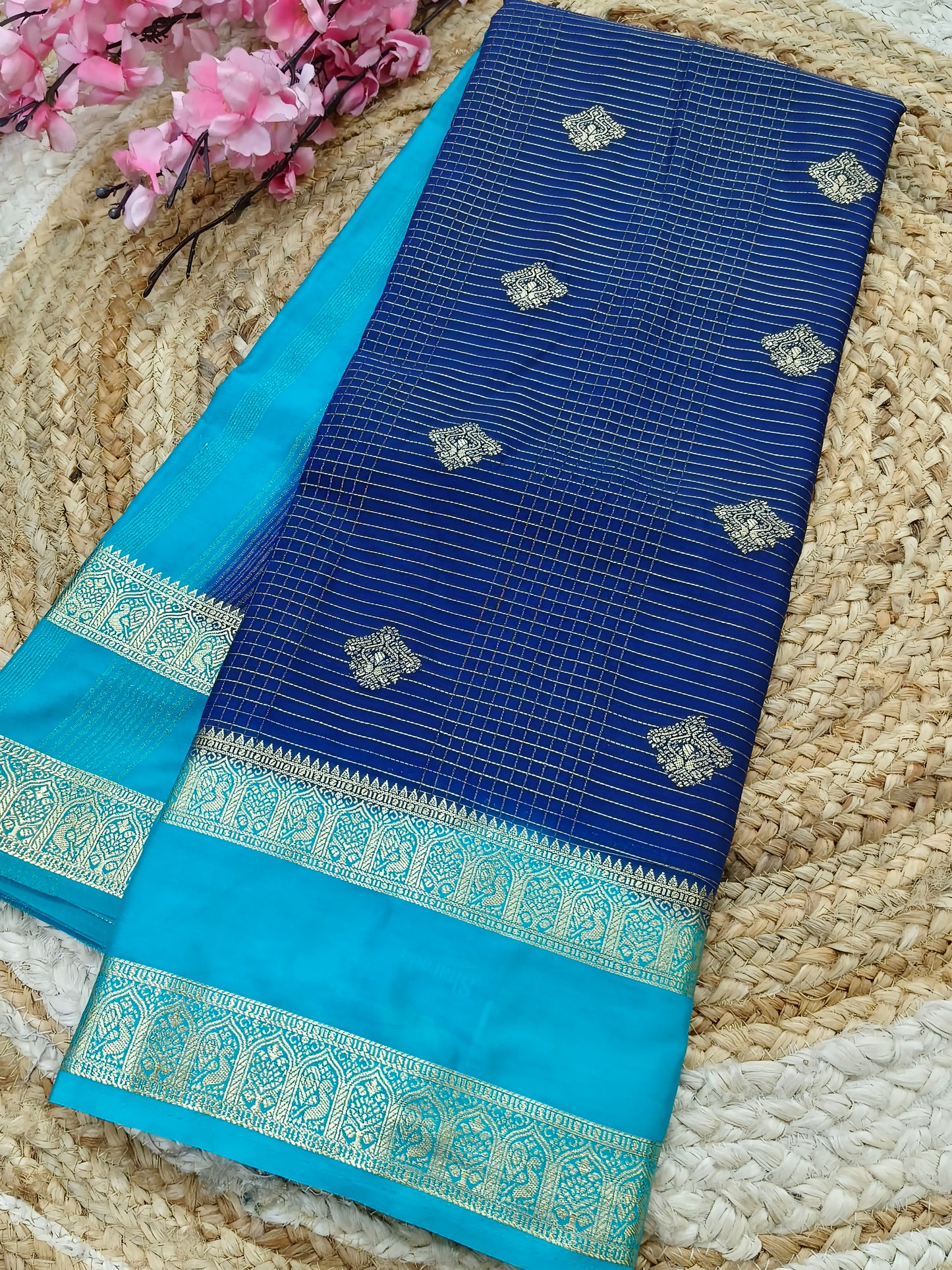 Navy blue with Blue Semi Mysore silk