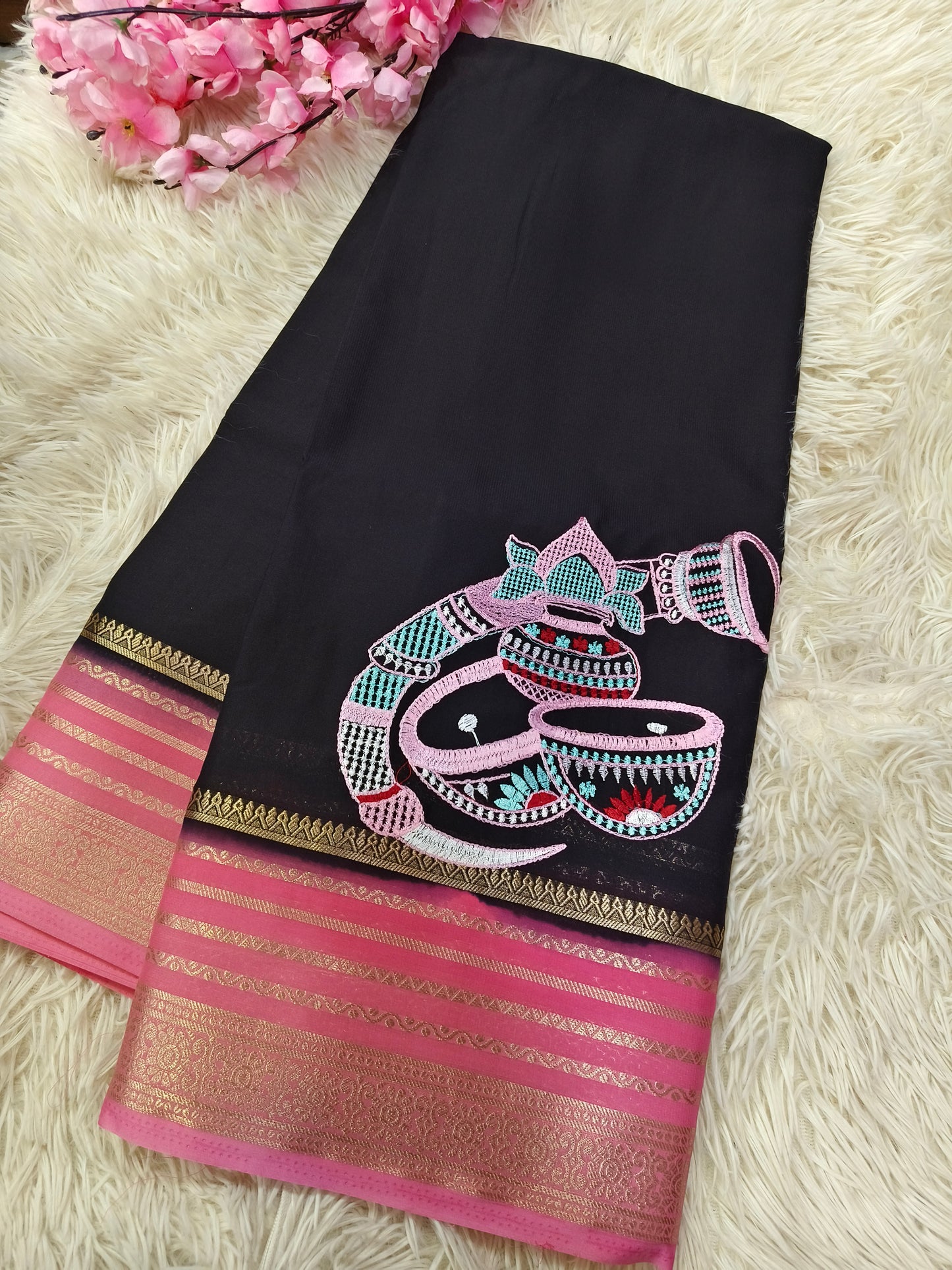 Black With Pink Semi Mysore crepe Silk saree