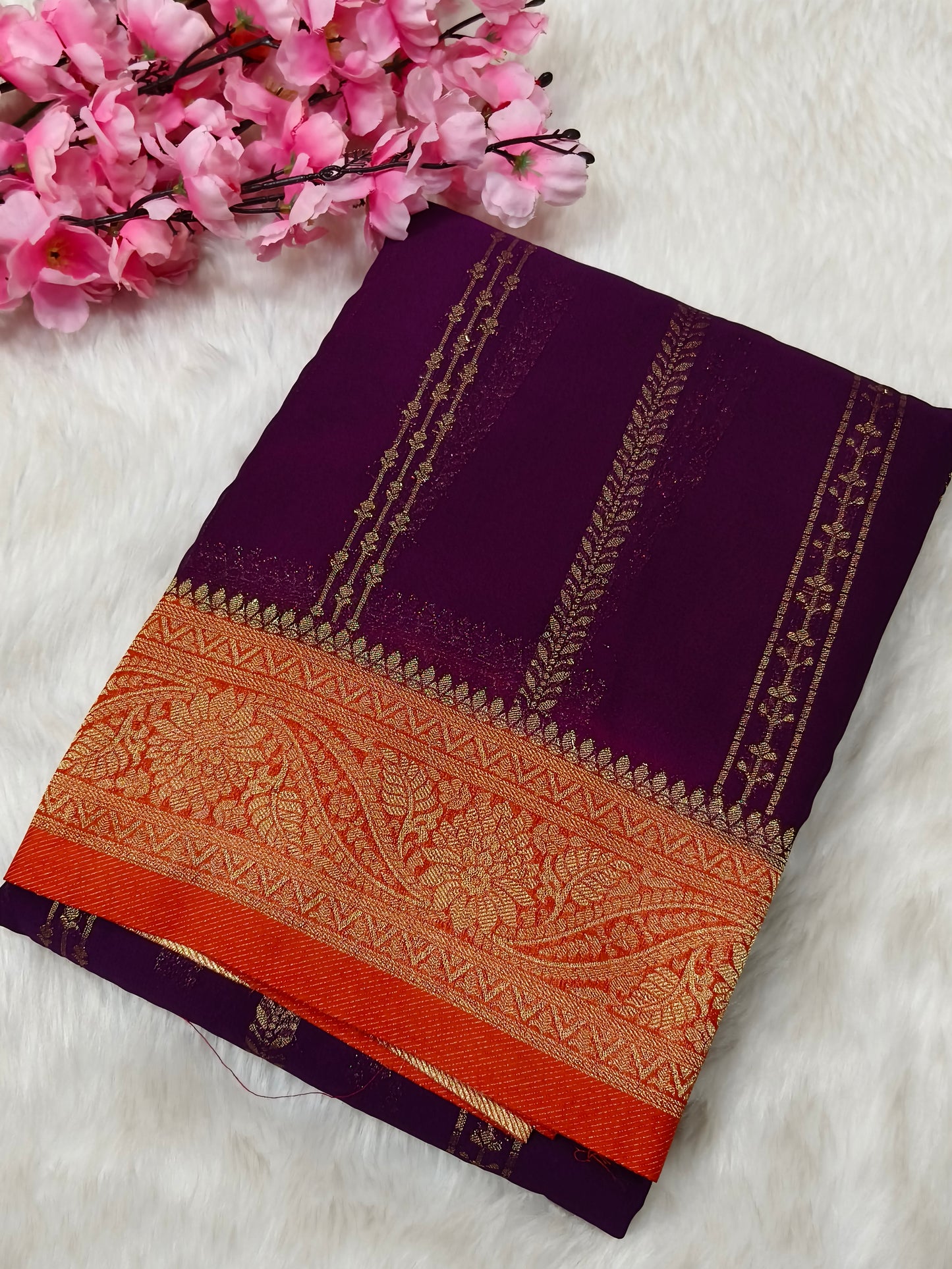 Wine with orange semi Mysore crepe silk saree