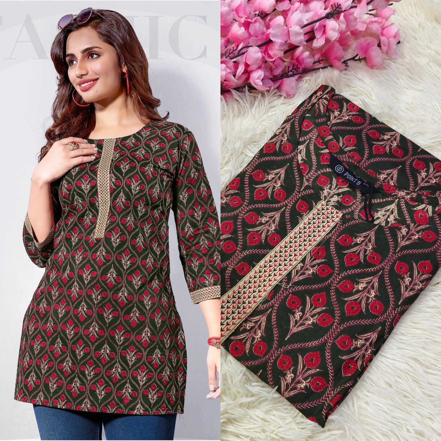 Green with red Cotton short Kurtis