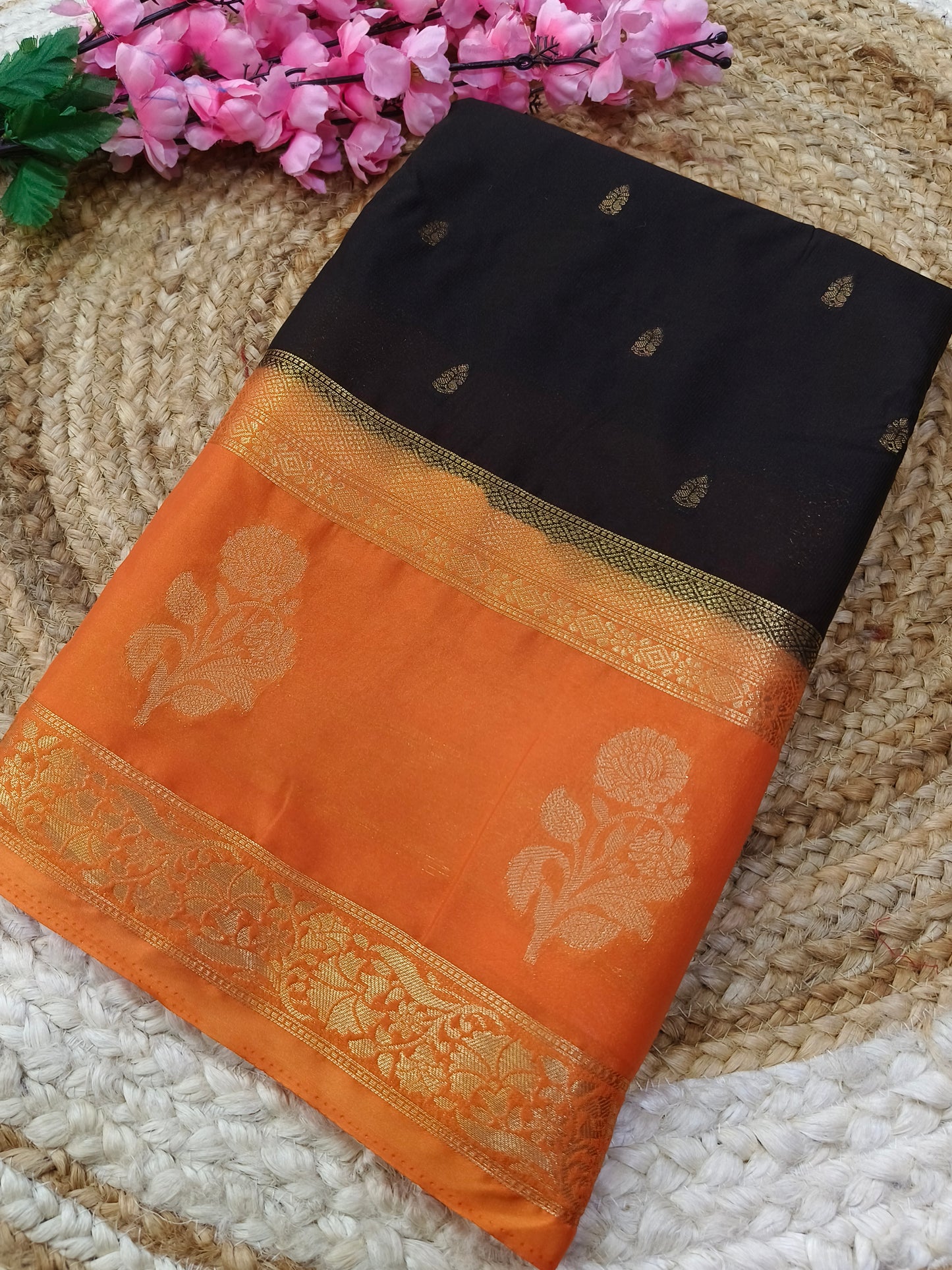 Black With Orange semi Mysore crepe silk saree