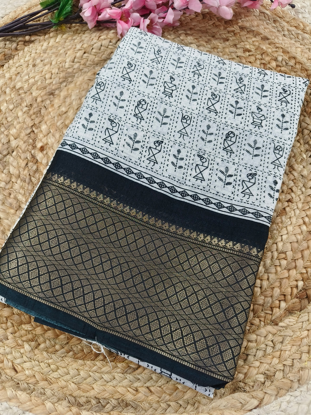 White with black Dola Silk Saree